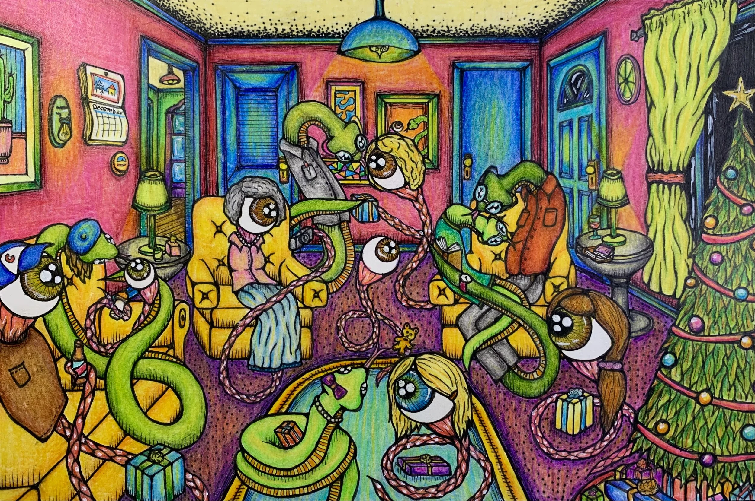 "Dreaming Of A Wheyete Christmasss"
7x10", ink & colored pencil. '26