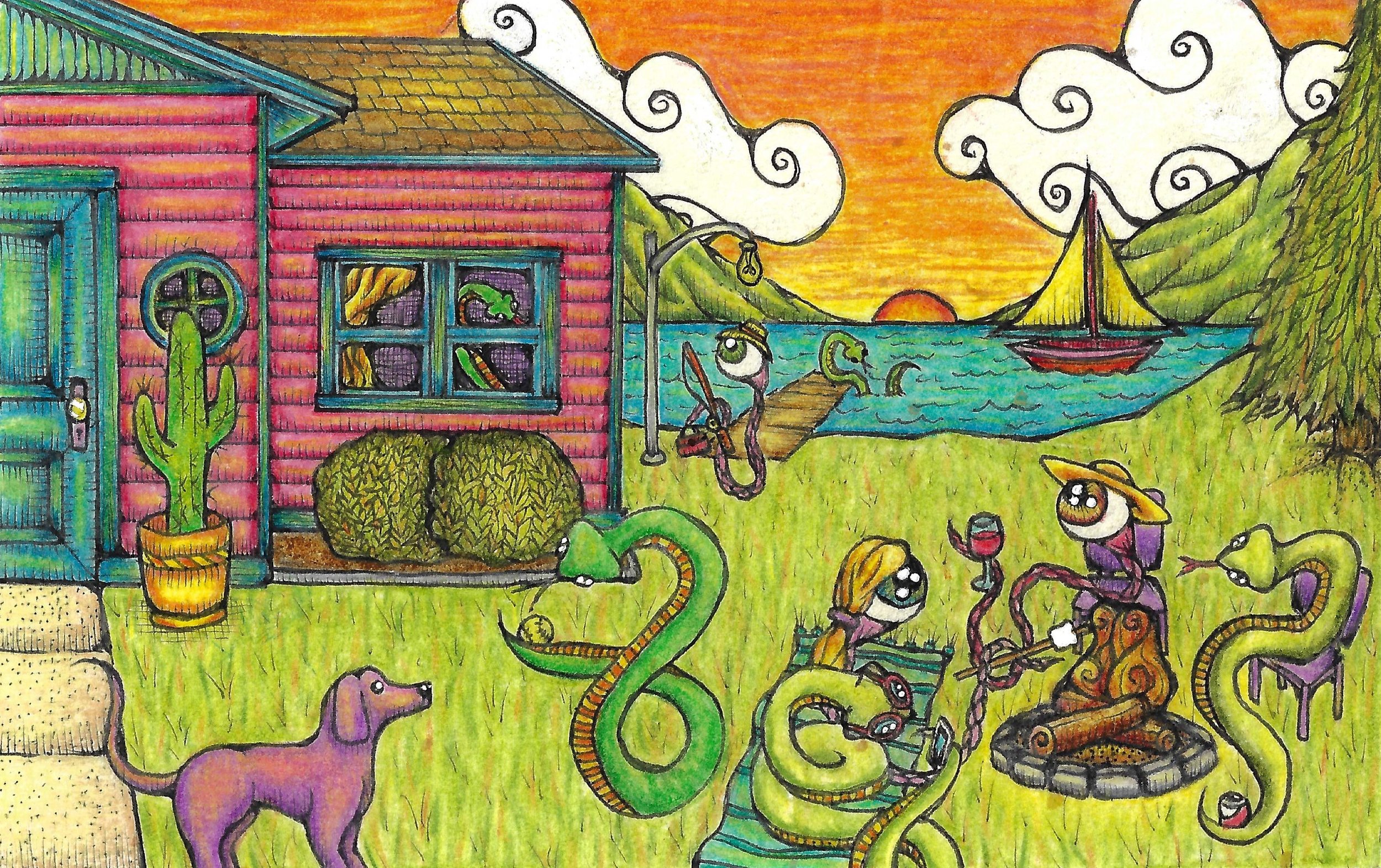 Sssumer Time at Iris Lake, 4x6in. Ink & colored pencil, '23.