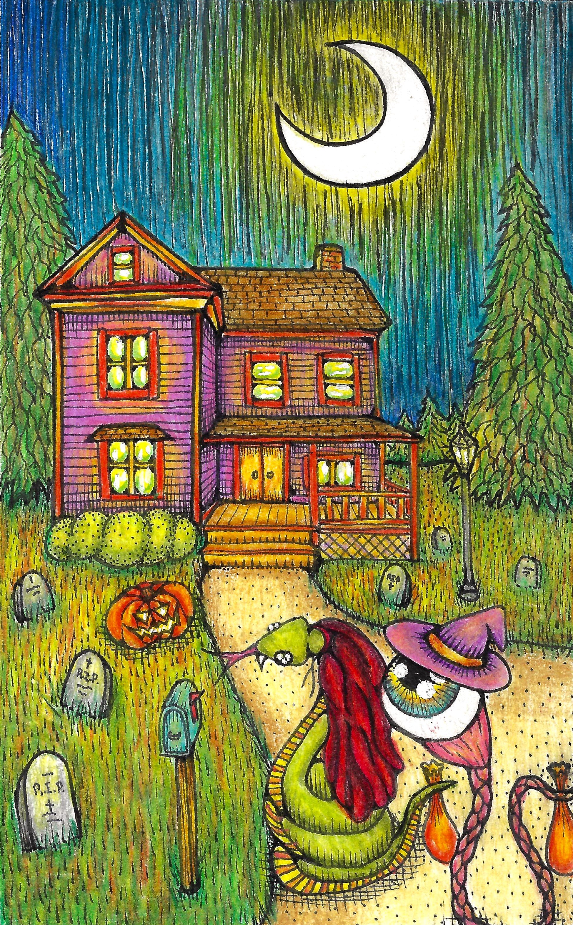 Trick or treat, sssmell meye feet. 4x6in, ink & colored pencil on paper. '22.