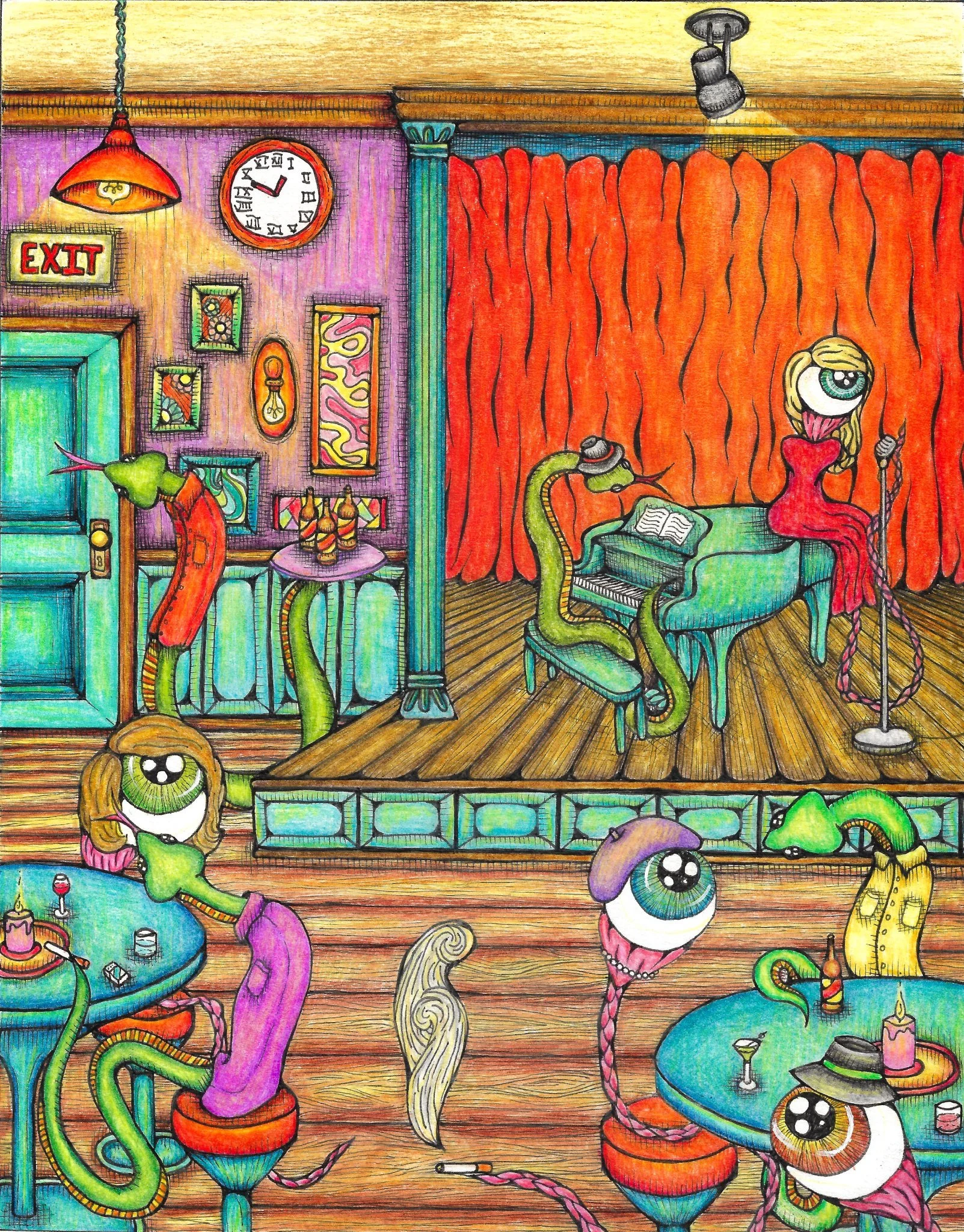 Eye'm thinking itsss showtime. 8x10in, colored pencil & ink on paper. '22.