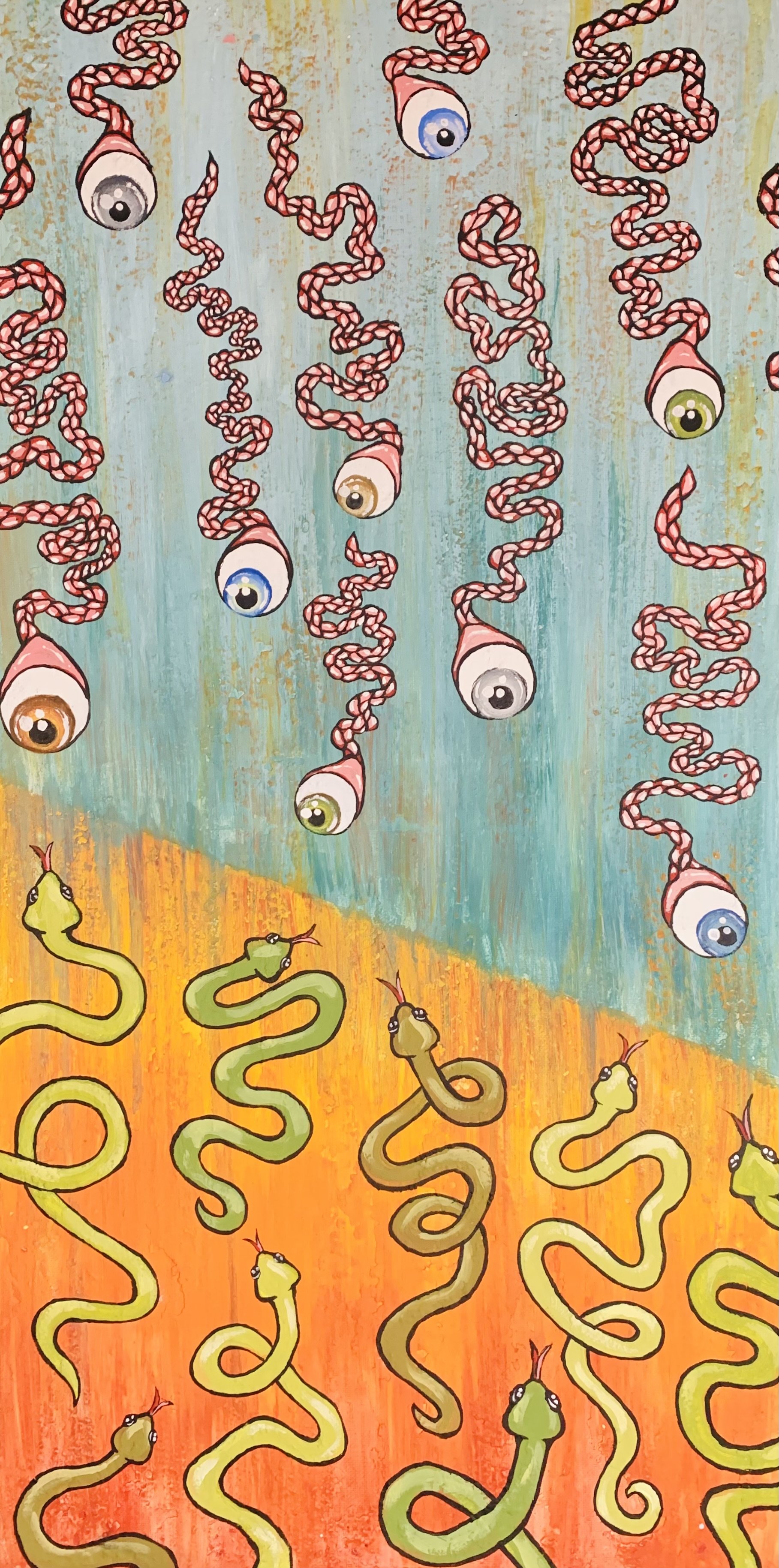 The ballad of eyeballs and snakes. 12x24in, acrylic on canvas. '24.
