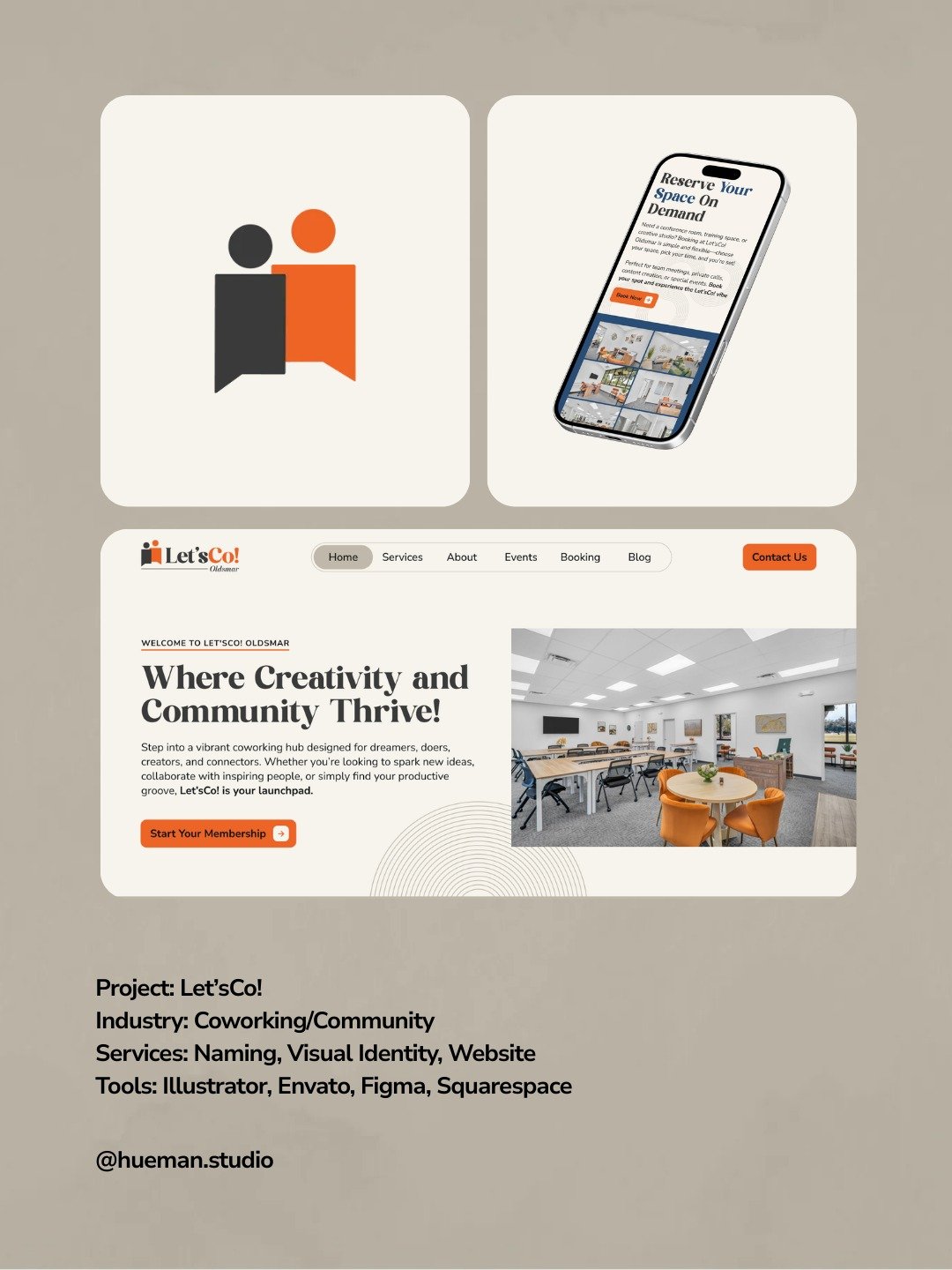 With Hueman Studio, every project is approached with strategy and creativity.

Our most recent project for Let'sCo! Oldsmar involved a breadth of services, starting with the name. We explored different options for a coworking space name unique to the