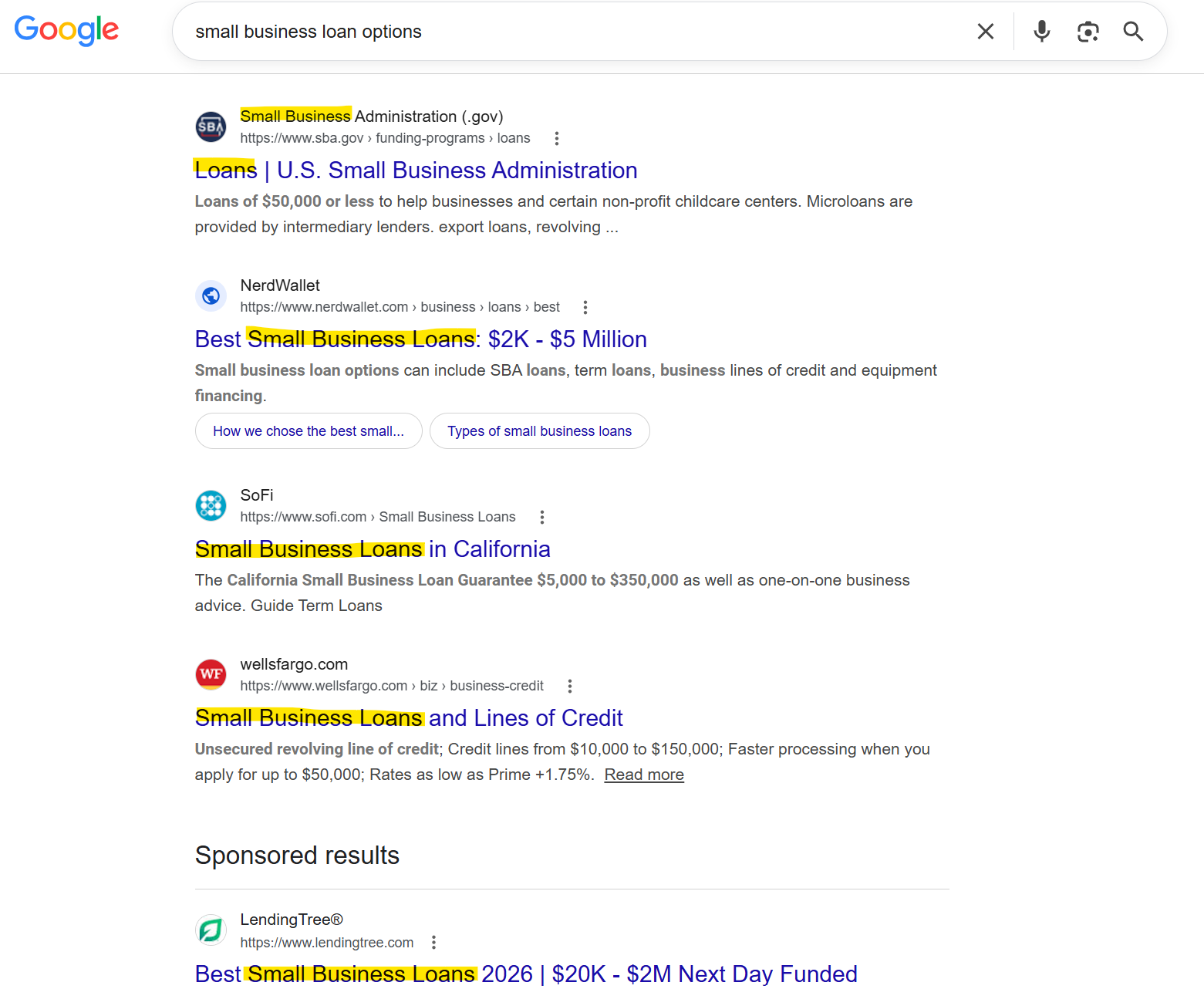Google search page for "small business loan options" with keywords highlighted in yellow