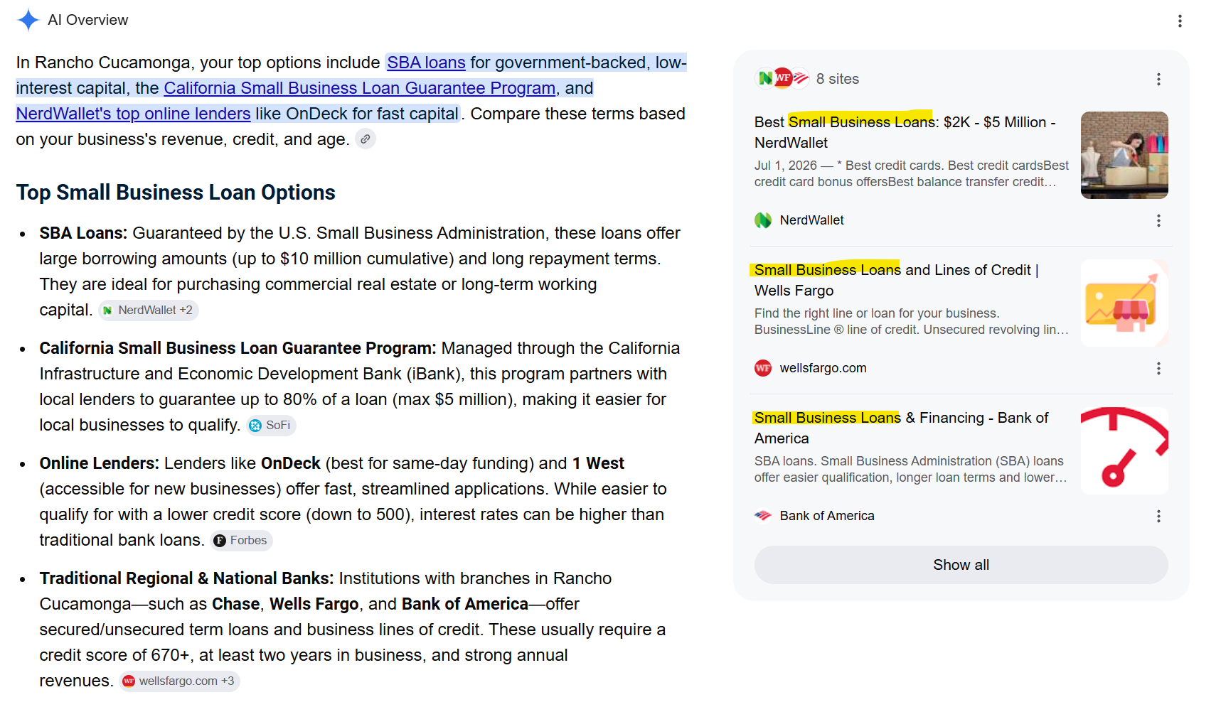 Google Gemini AI overview for "small business loans"