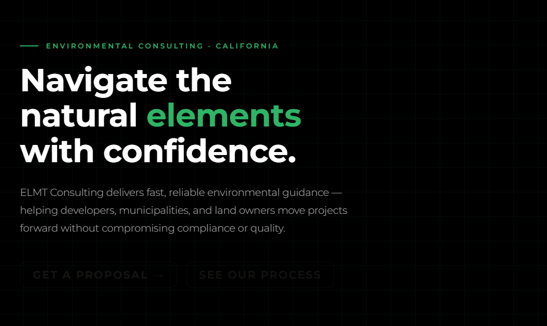 Example hero section, black background with white, green, and gray text