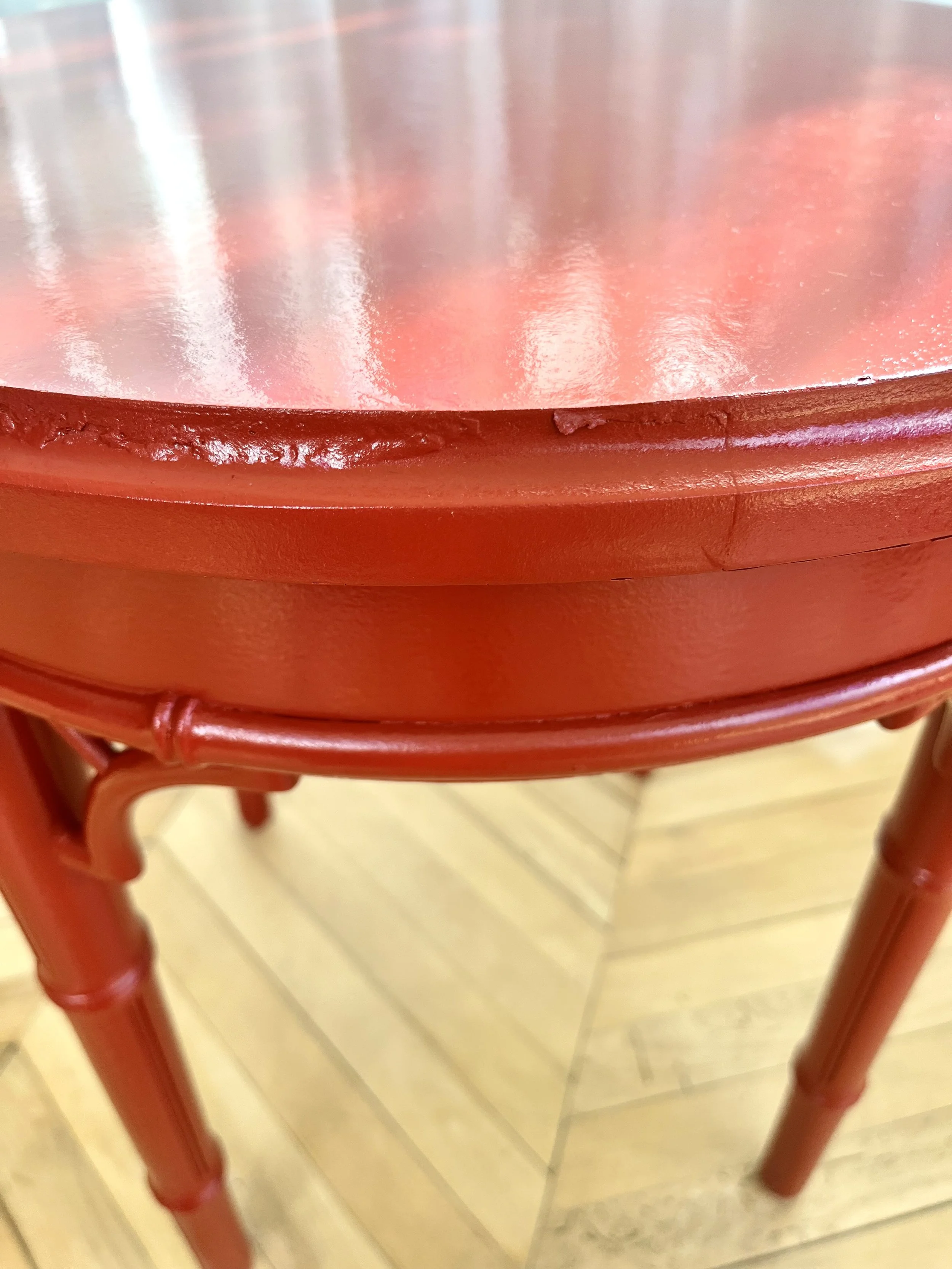 Pair of red chinoiserie style side tables imperfections 1.jpeg