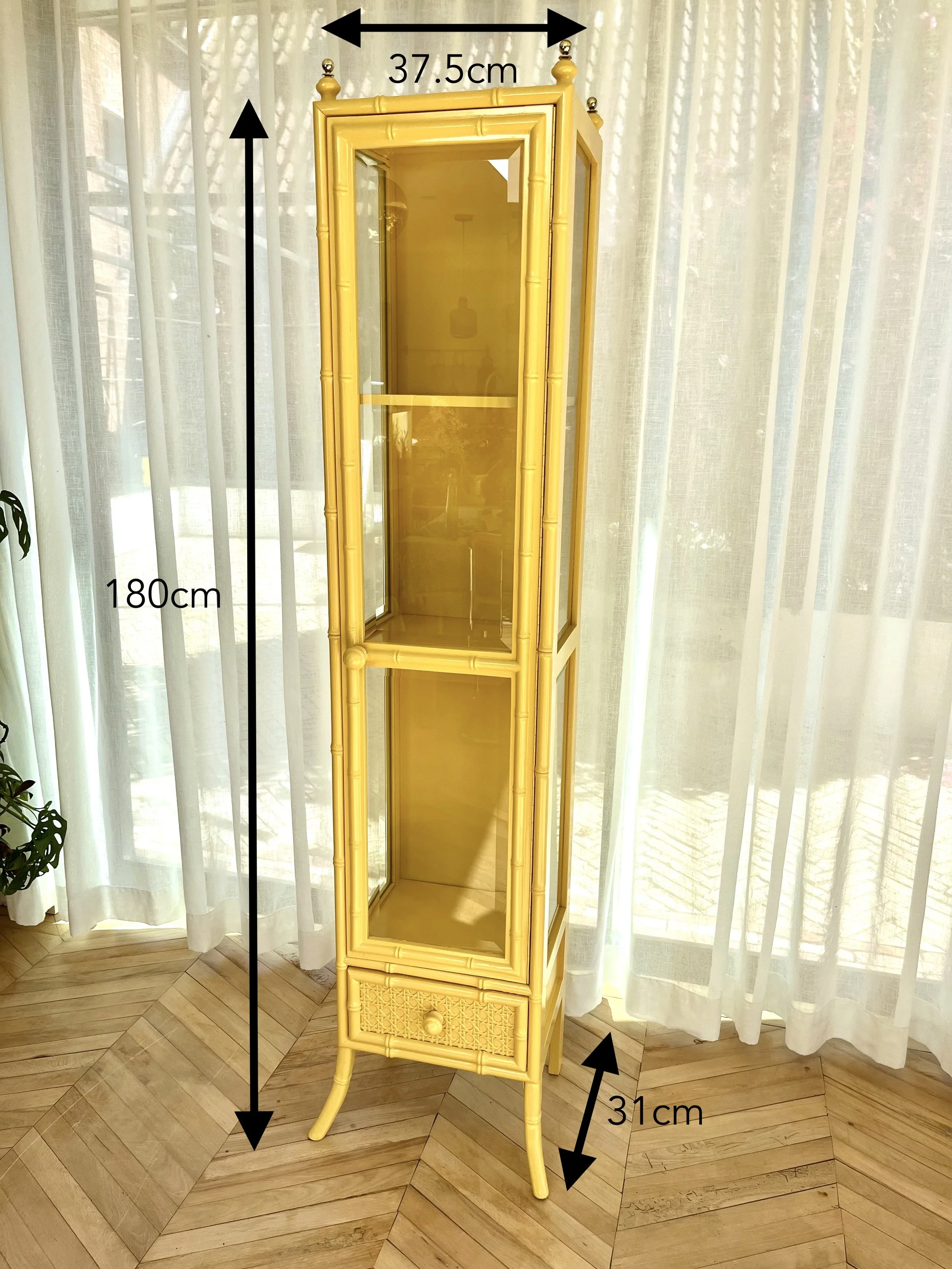 Yellow lacquered tall faux bamboo glass cabinet 11.jpeg