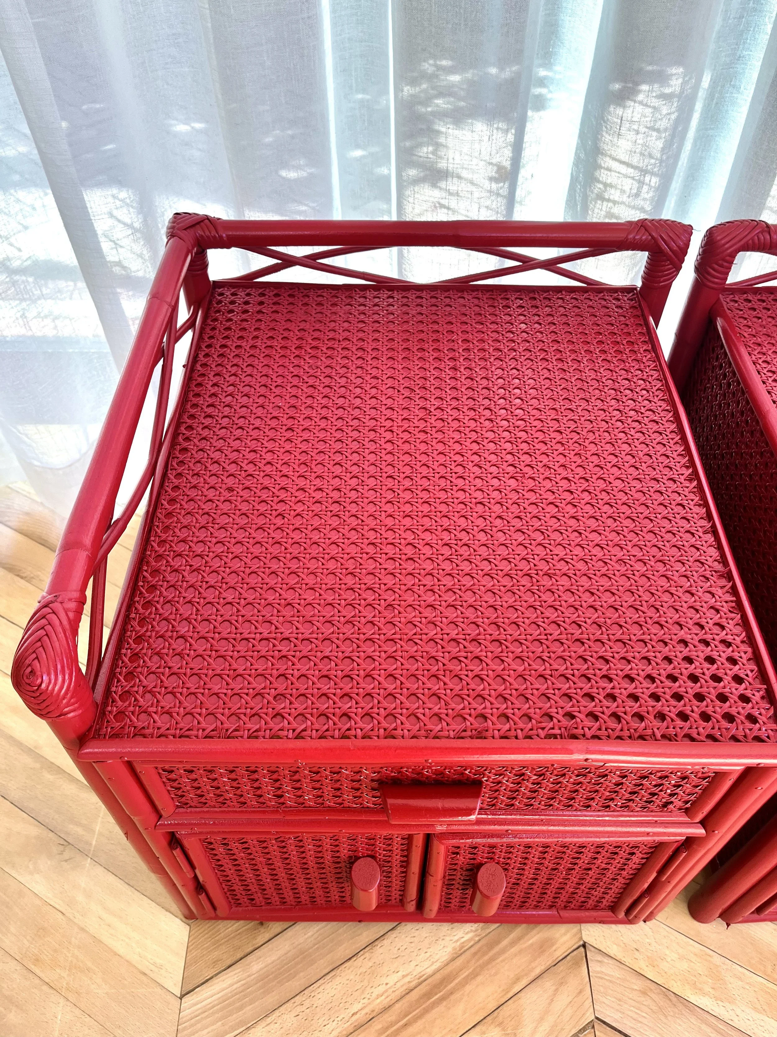 Pair of red lacquered bamboo and cane bedside cupboards 5.jpeg