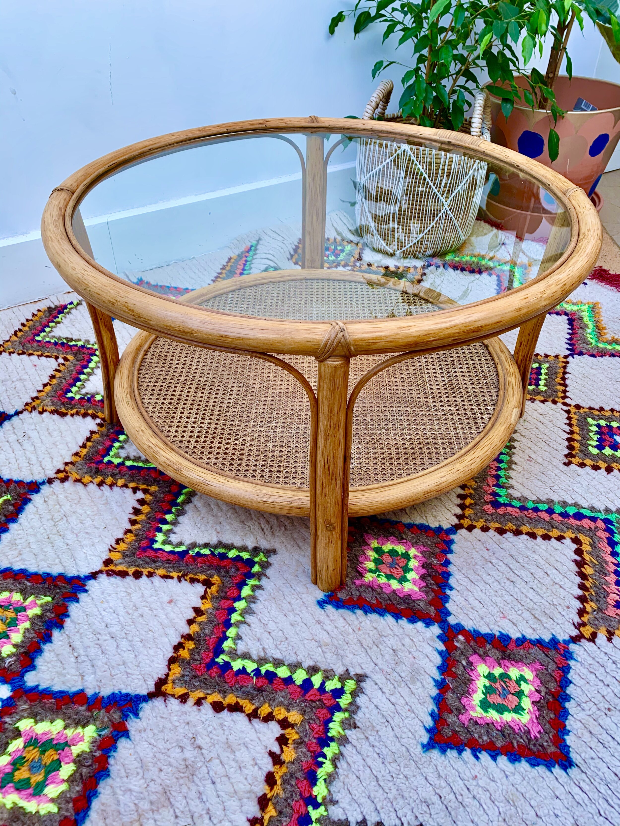 annamhliving-mid century boho tiki bentwood rattan and cane round glass top coffee table