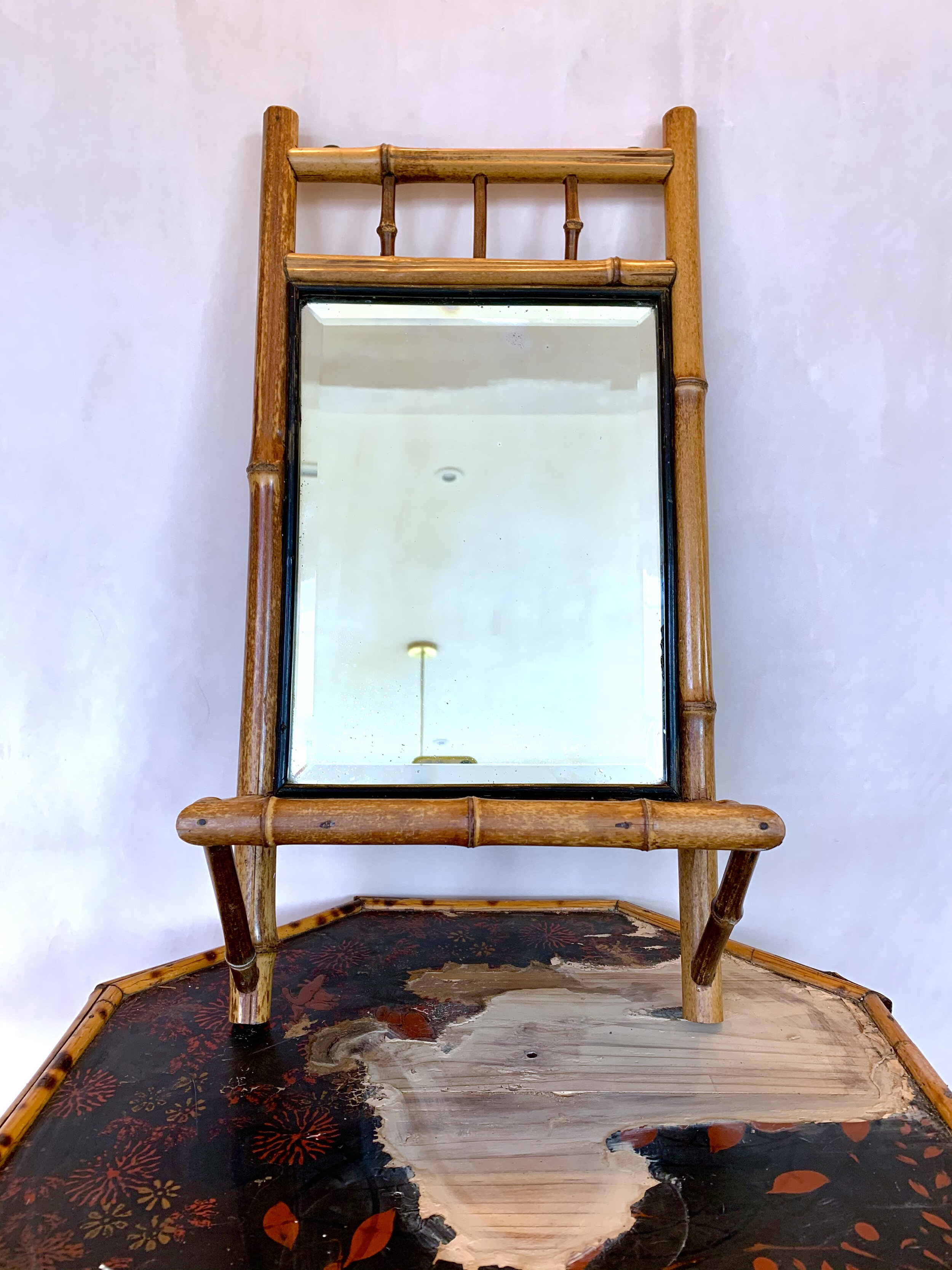 annamhliving-antique faux bamboo mirror with hand painted shelf