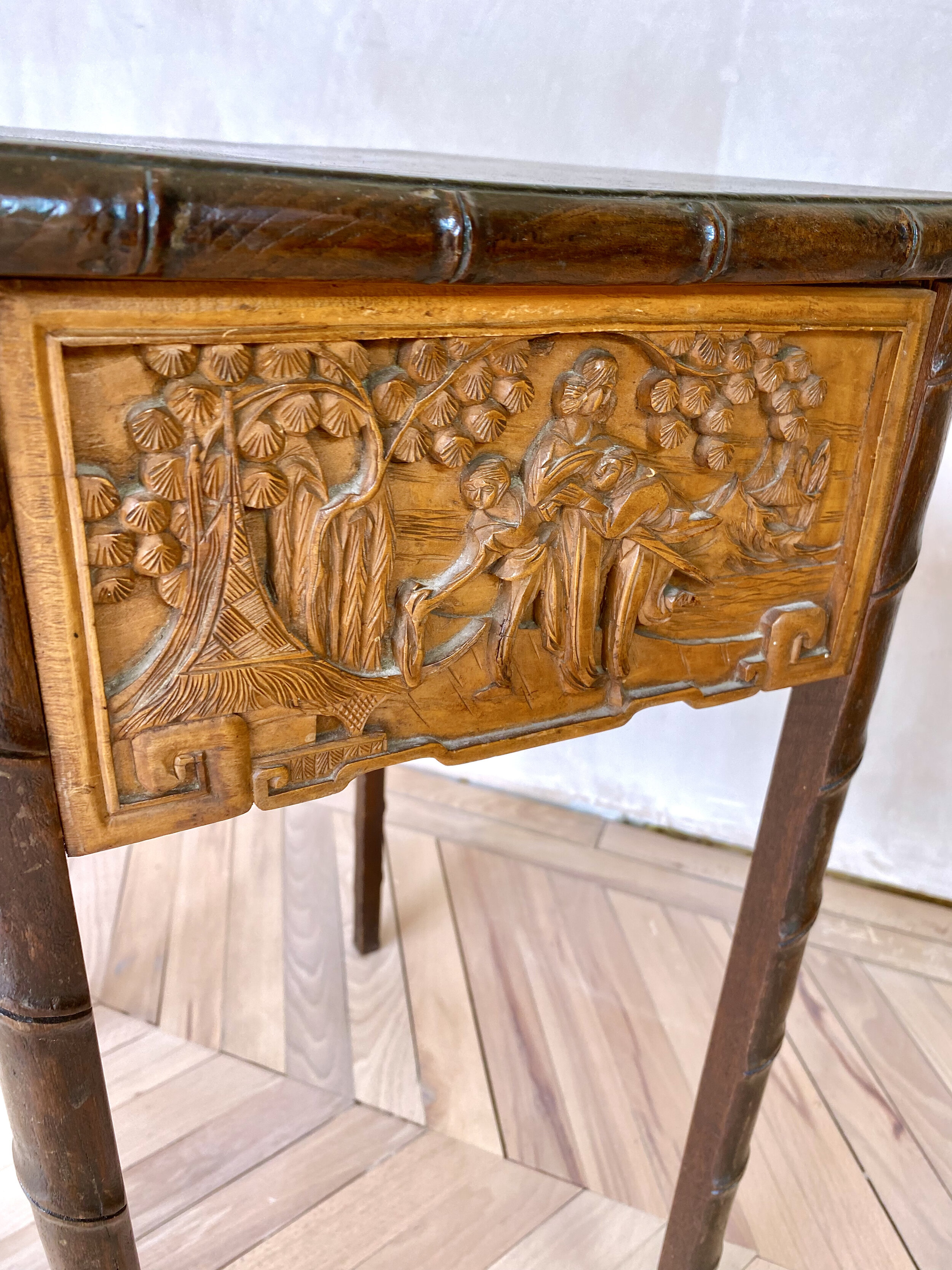 annamhliving-vintage chinoiserie carved faux bamboo lamp table