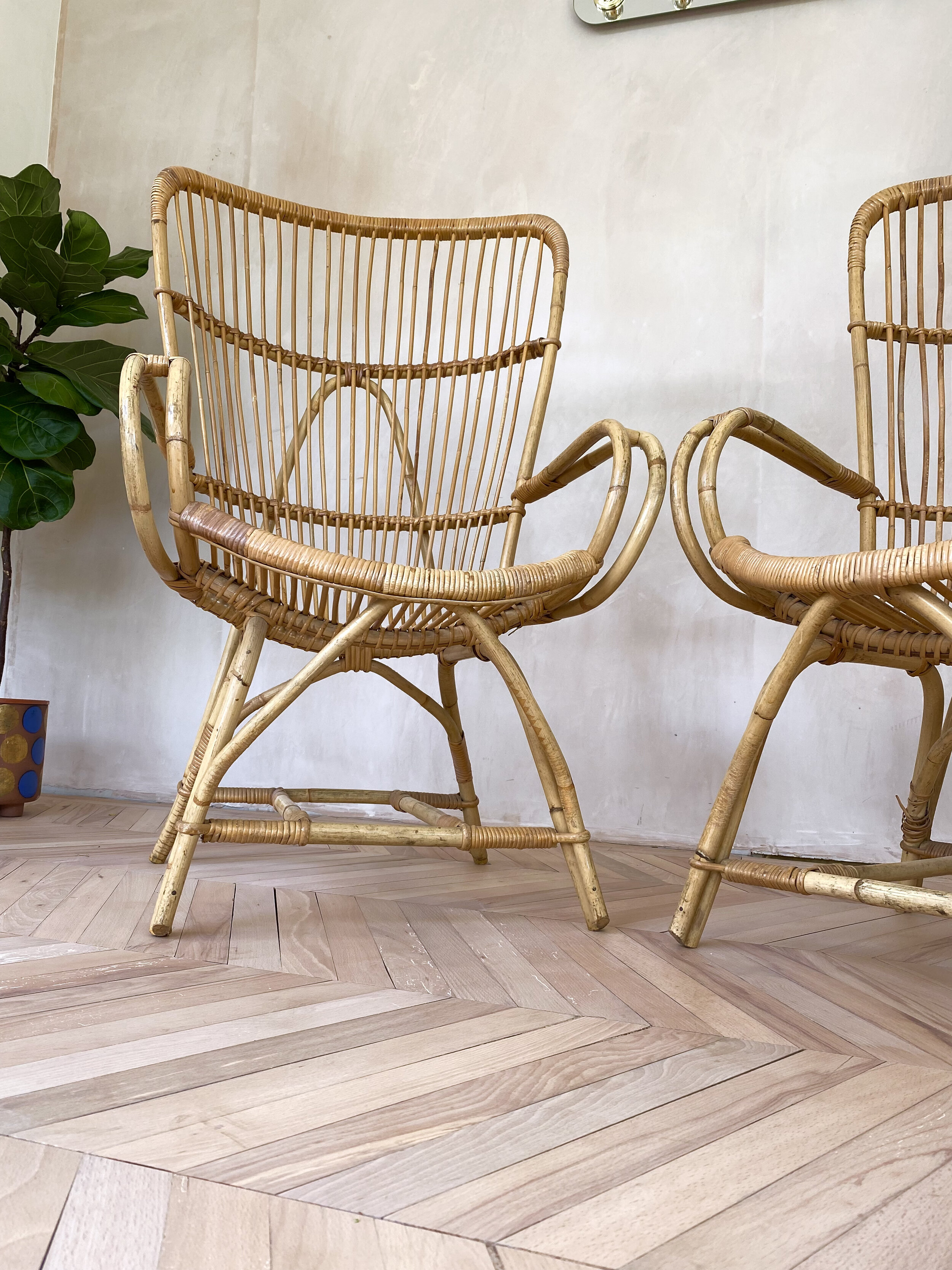 annamhliving-vintage pair of mid century bamboo wing back chairs