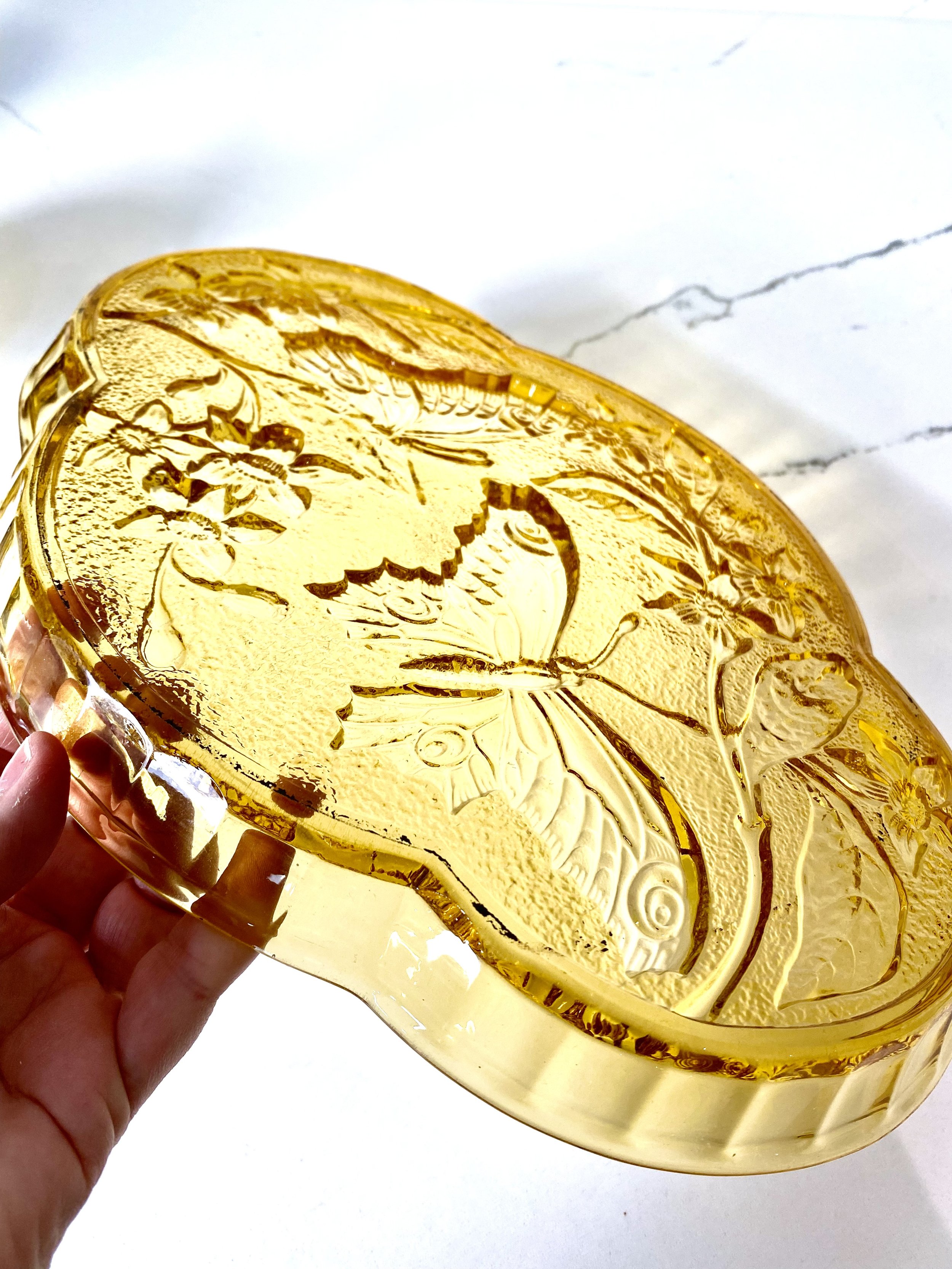 annamhliving-sowerby 1930's amber butterfly pressed glass tray underneath