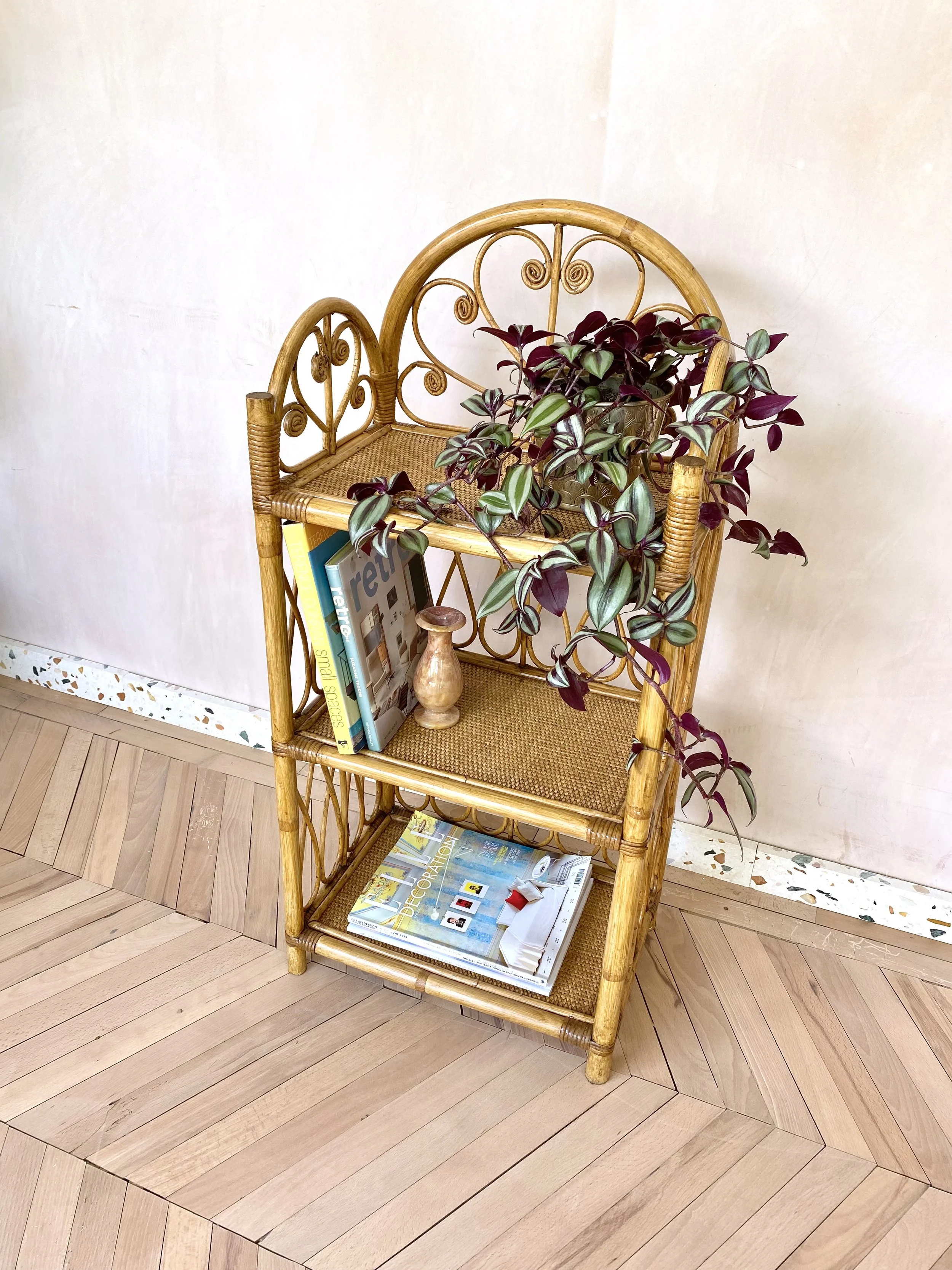 annamhliving-vintage woven cane and rattan three tiered shelf unit