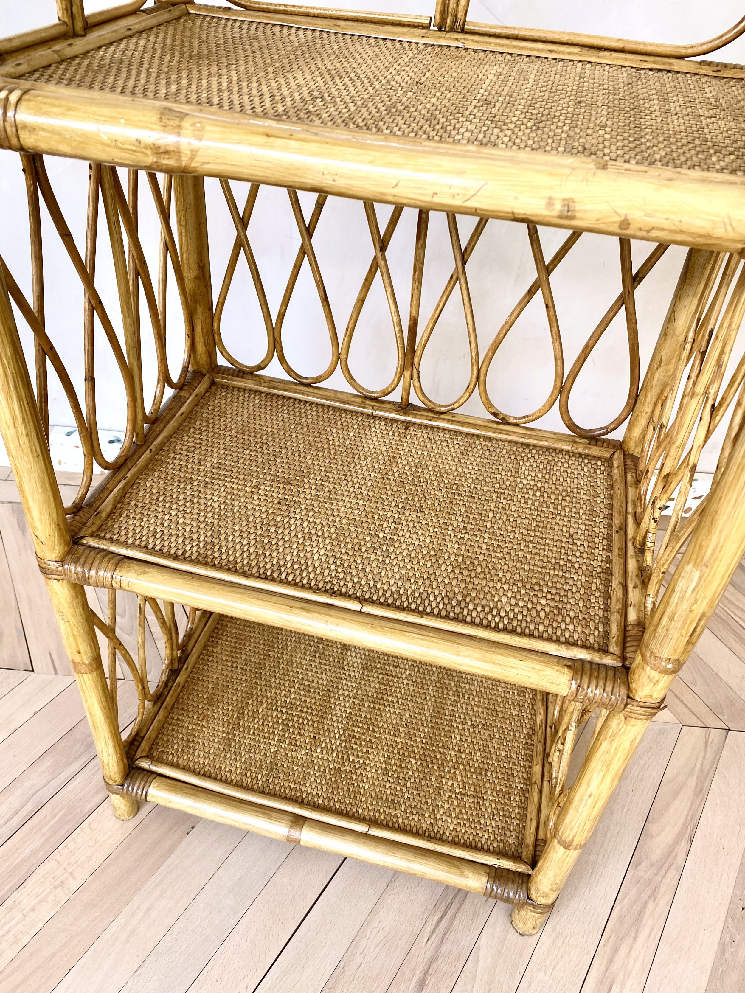 annamhliving-vintage woven cane and rattan three tiered shelf detail