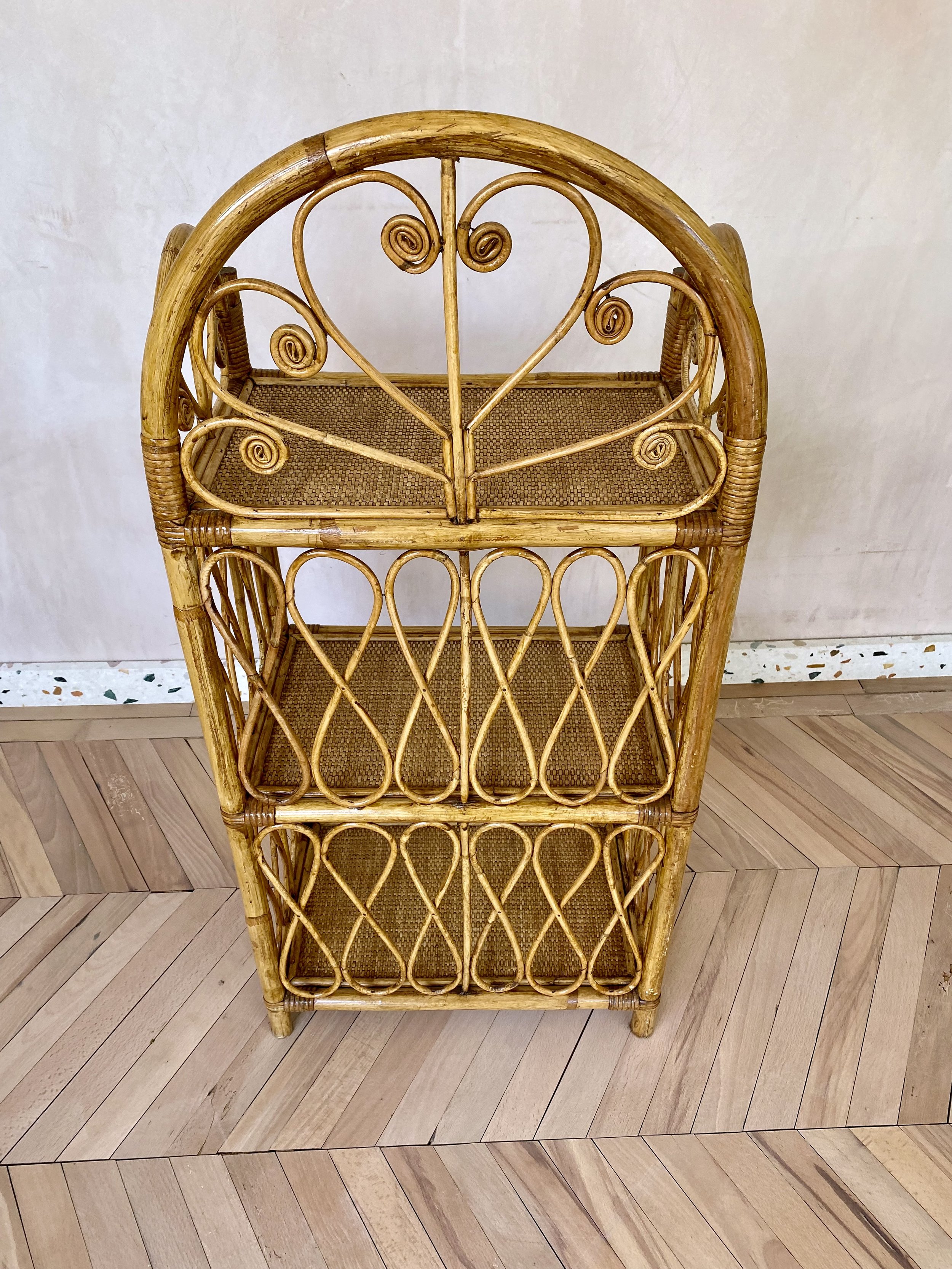 annamhliving-vintage woven cane and rattan three tiered shelf unit back