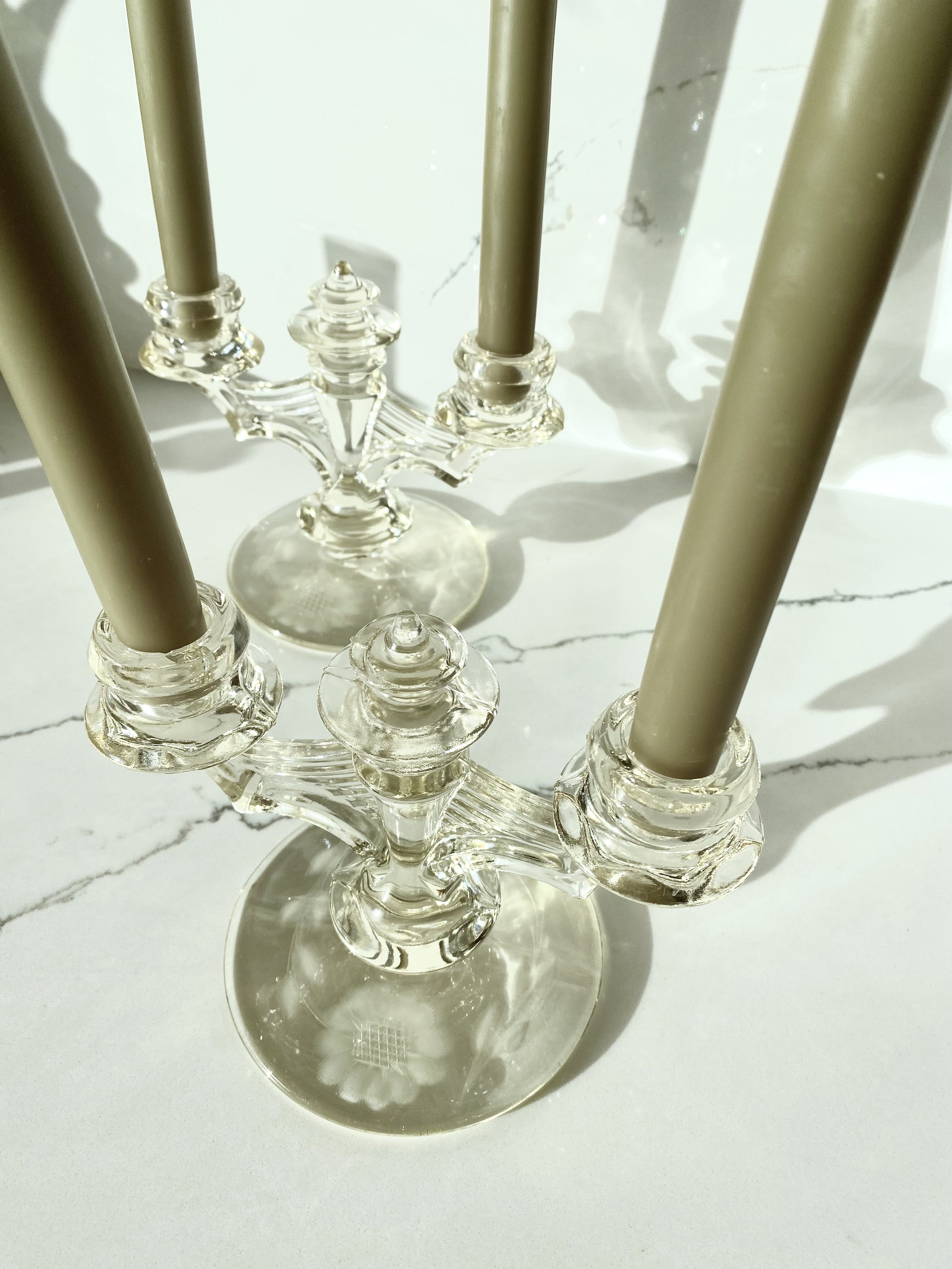 Pair of Art Deco Etched Floral Glass Candelabra