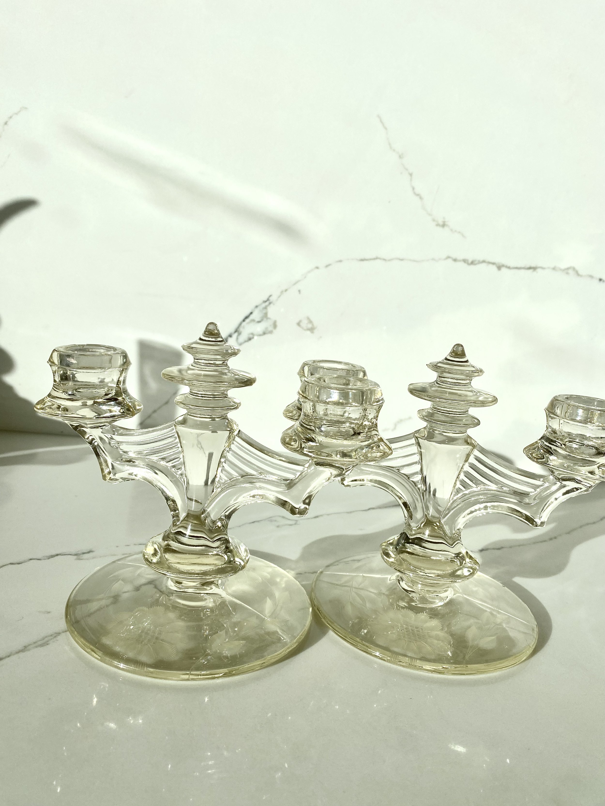 Pair of Art Deco Etched Floral Glass Candelabra
