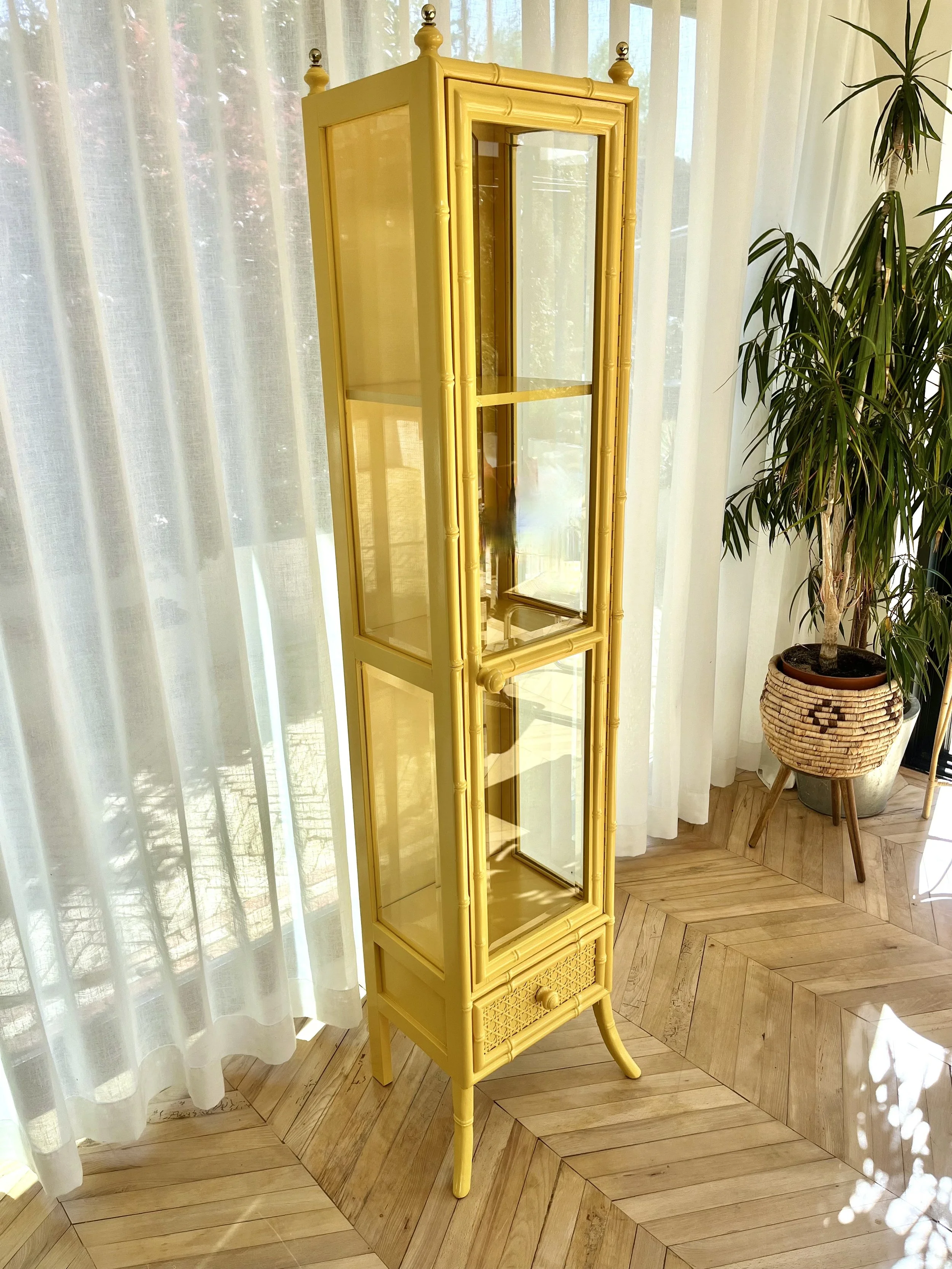 Yellow lacquered tall faux bamboo glass cabinet 2.jpeg