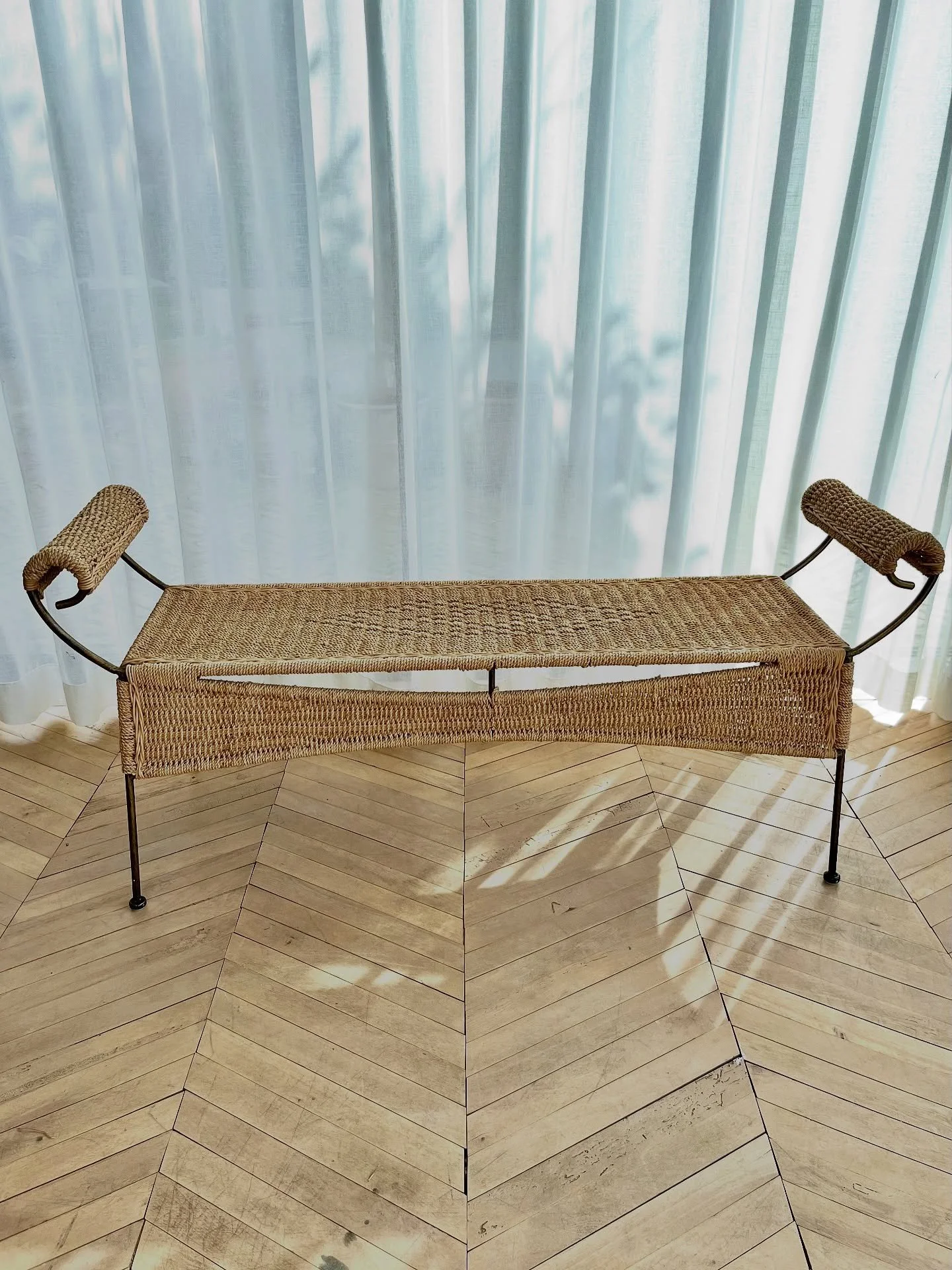 Woven Seagrass Ropework &amp; Wrought Iron Long Bench 
Beautiful woven rush bench seat with diamond design &amp; scroll features at either end.

This bench is in great condition. The metal frame makes this bench extremely sturdy.

It would be wonderf