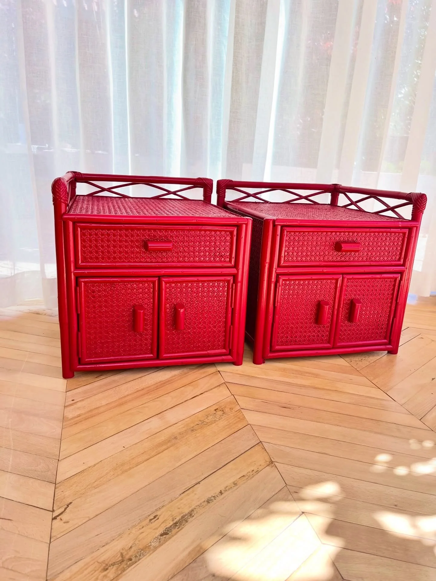 Bedside tables always go quickly, especially when they are a gorgeous red. This pair were in a very sorry state when I got them but knew they had potential of being beautiful again. 
Beautiful and rare pair of left and right woven cane bedside cabine