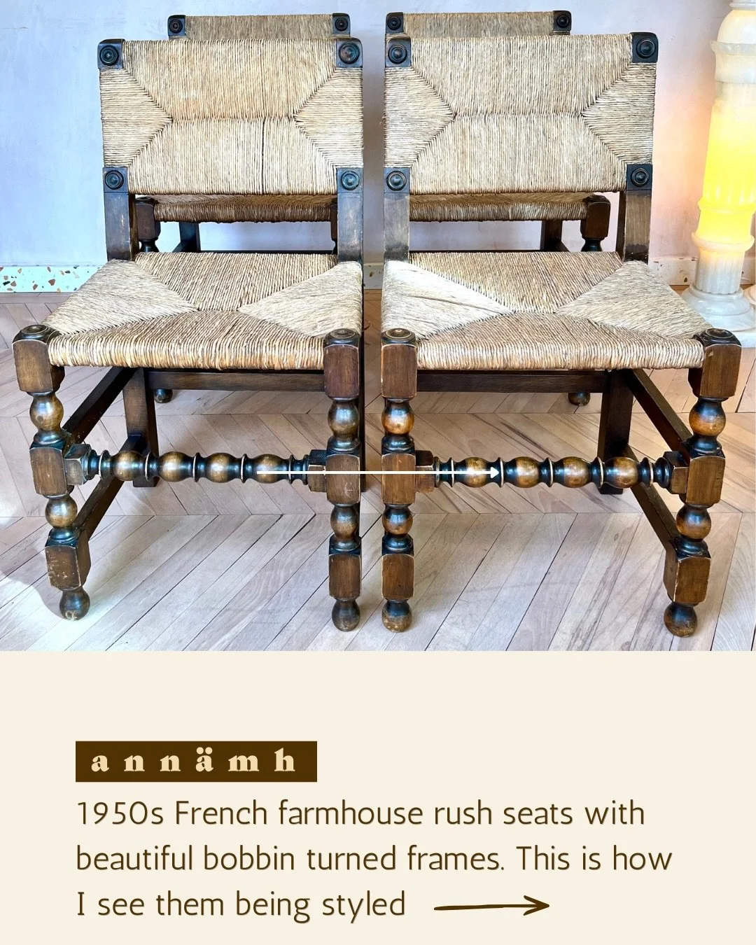 Set of Four 1950s French Rush &amp; Carved Oak Dining Chairs 
Very unusual set of four rush and carved oak rustic French farmhouse dining chairs.

The chairs are made up of woven rush backrests and seats with chunky carved frames and bobbin detail st