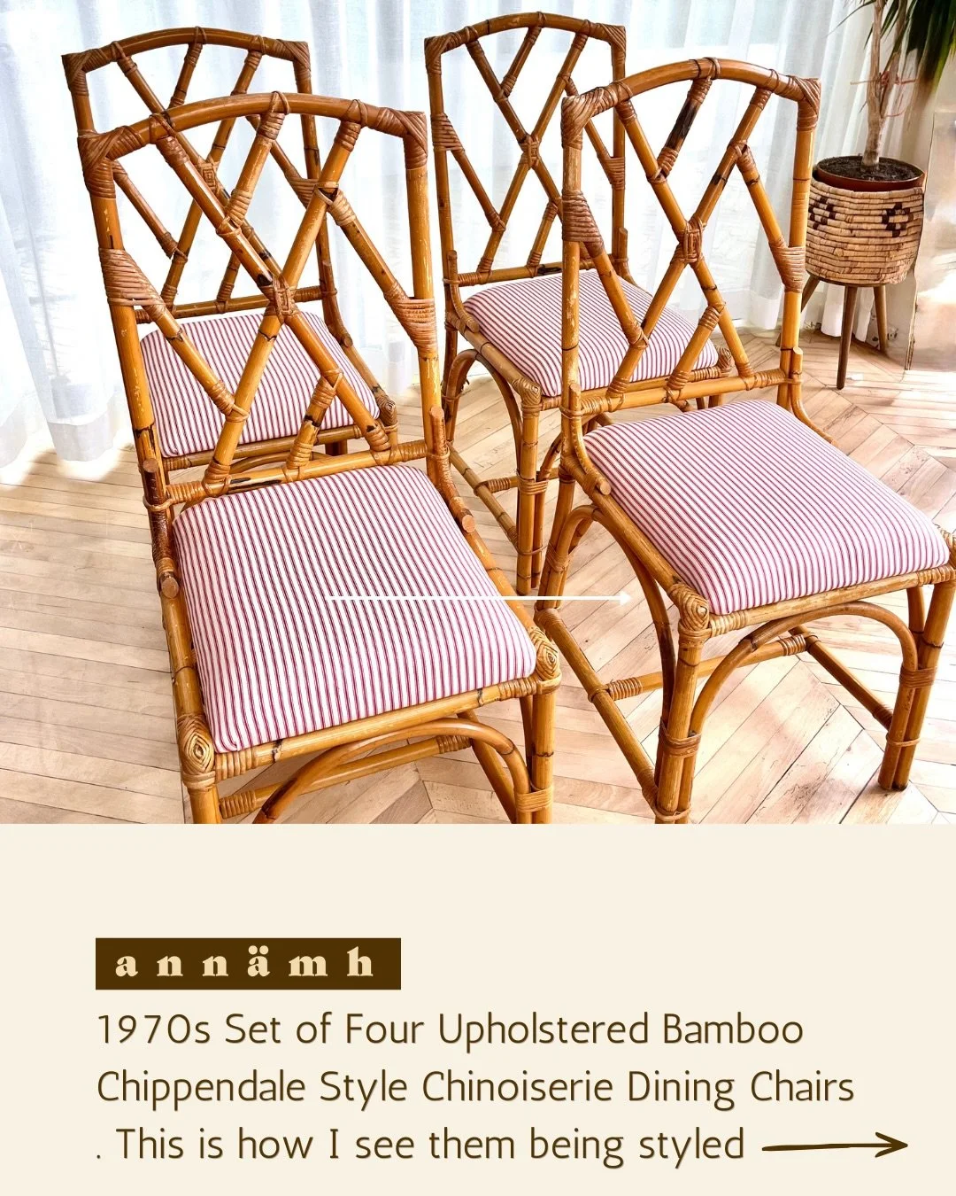 This is how I see them styled 
Rare set of bamboo Chippendale dining chairs, which have upholstered seats. The seats have been fully stripped back, the disintegrated foam has been replaced with Ultra Flex eco foam, wool barrer cloth and Ian Mankin co