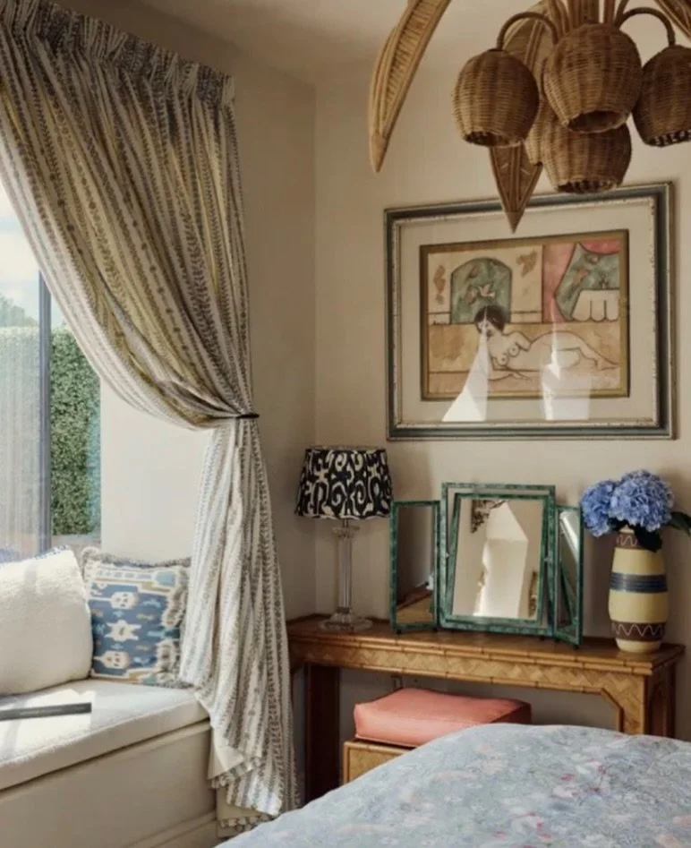 Founder of women&rsquo;s fashion label Rixo, Orlagh McCloskey, has carved out this little nook in the main bedroom.
With a woven bamboo console and stool from Ann&auml;mh 
As featured in @houseandgardenuk 
Image by @mark_anthony_fox 
Are you looking 