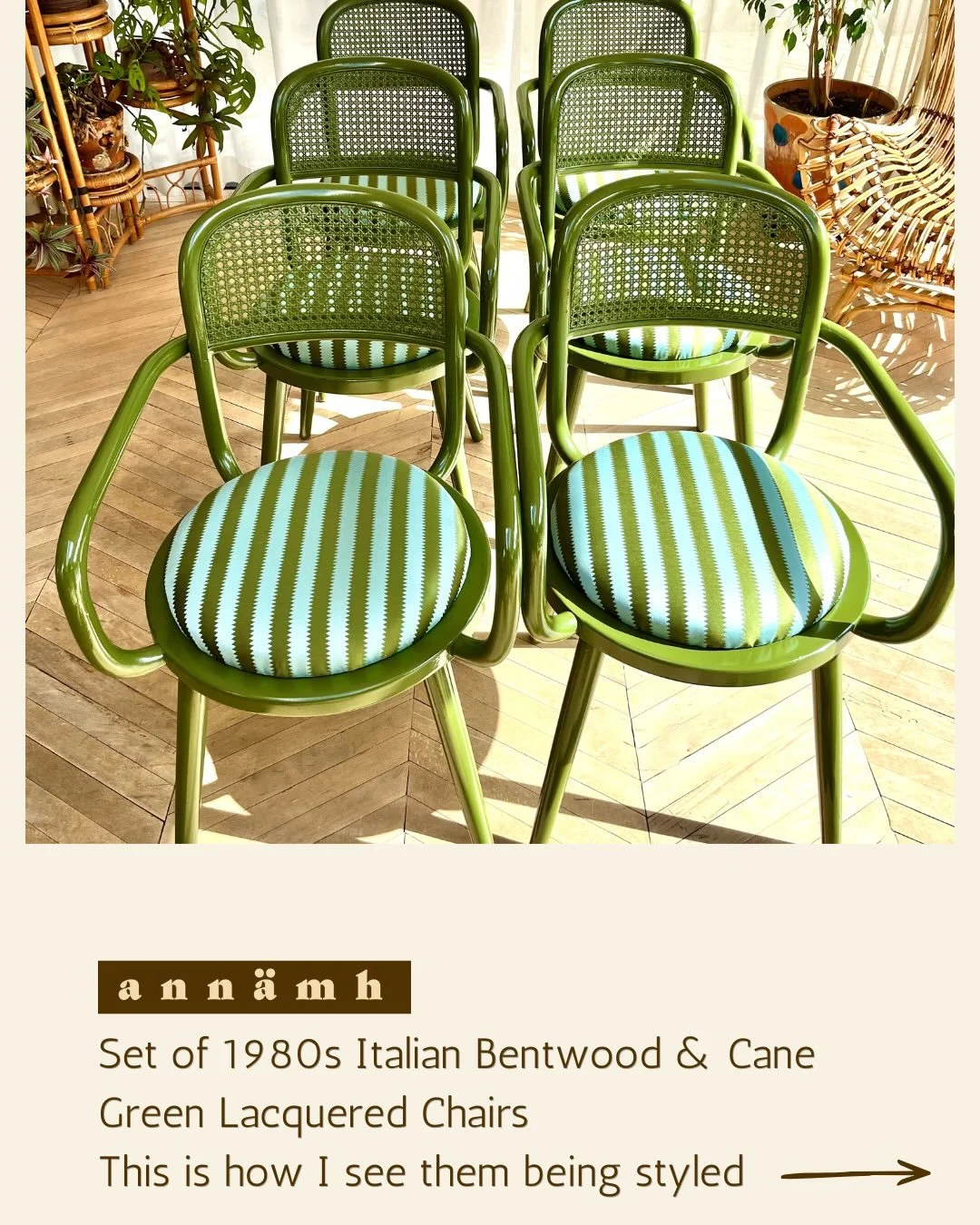 Upholstered Set of Six 1980s Italian Bistro Bentwood &amp; Cane Green Lacquered Chairs
This striking one of a kind set of Italian bistro chairs has been sprayed in intelligent gloss, Olive Green colour by Little Greene. They have a round seat, armres