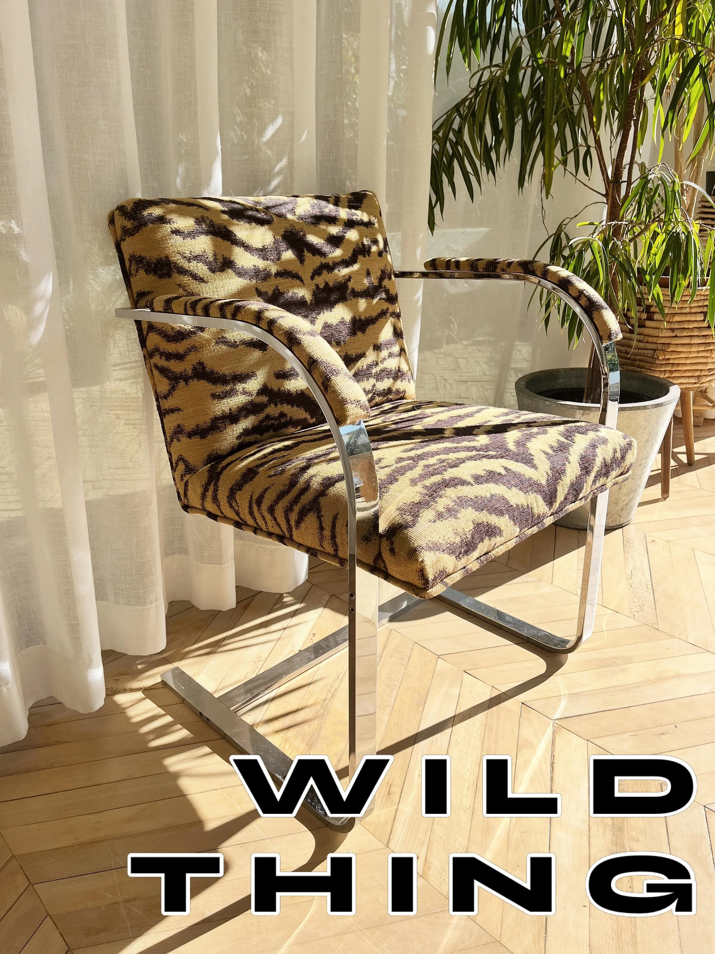 I think I love you 🖤
1984 reproduction of Mies Van Der Rohe by Thonet from New York. 
Reupholstered in Schumacher Shivalik Hills Tiger
This is an extremely heavy piece.

Full height - 78cm
Width - 58cm
Full depth - 60cm
Seat height - 48cm
&bull;
&bu
