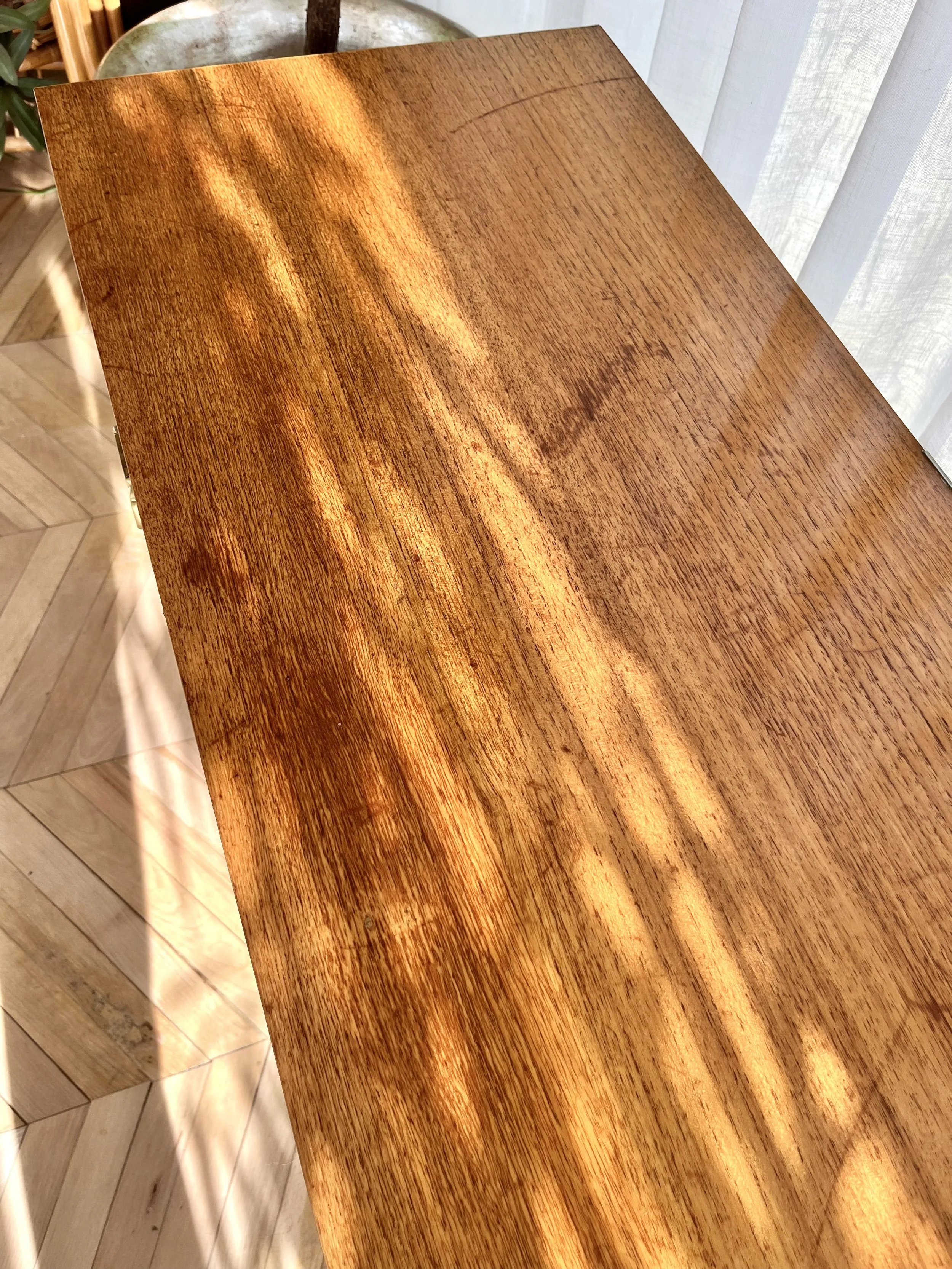 1960s teak veneer dressing table top with brass feet 2.jpeg