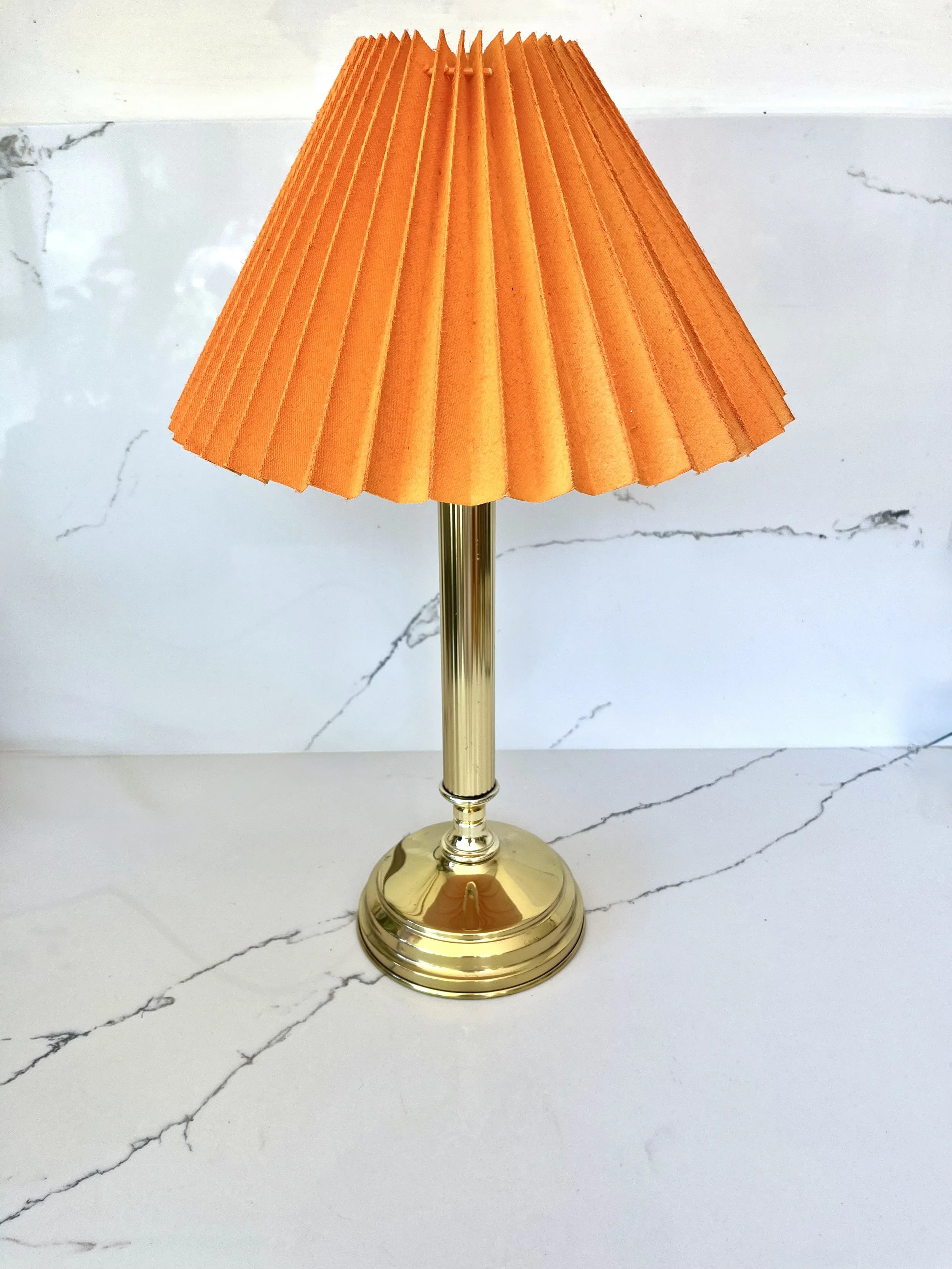 Brass Column Table Lamp With Marigold Pleated Lampshade