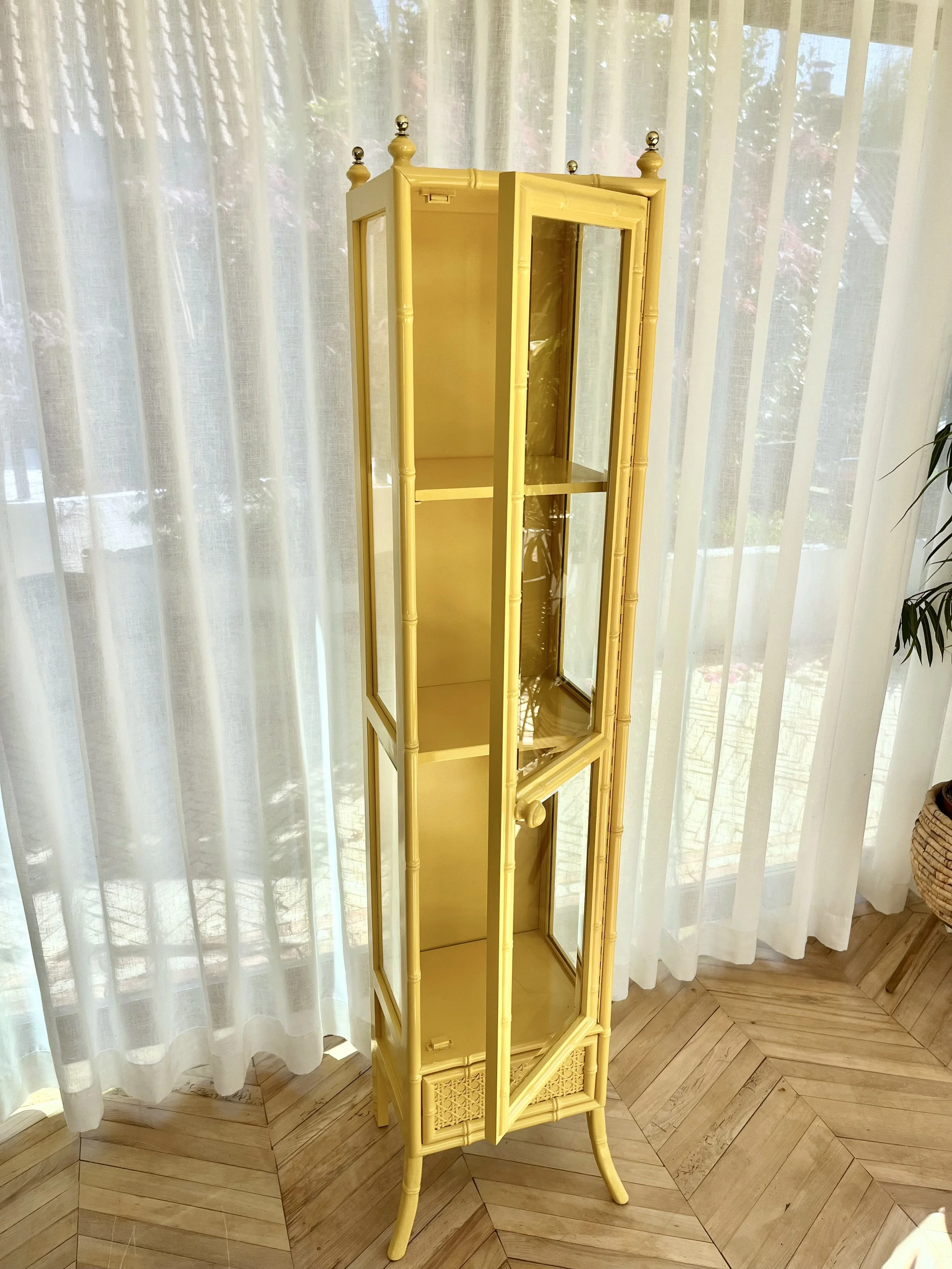 Yellow lacquered tall faux bamboo glass cabinet 9.jpeg