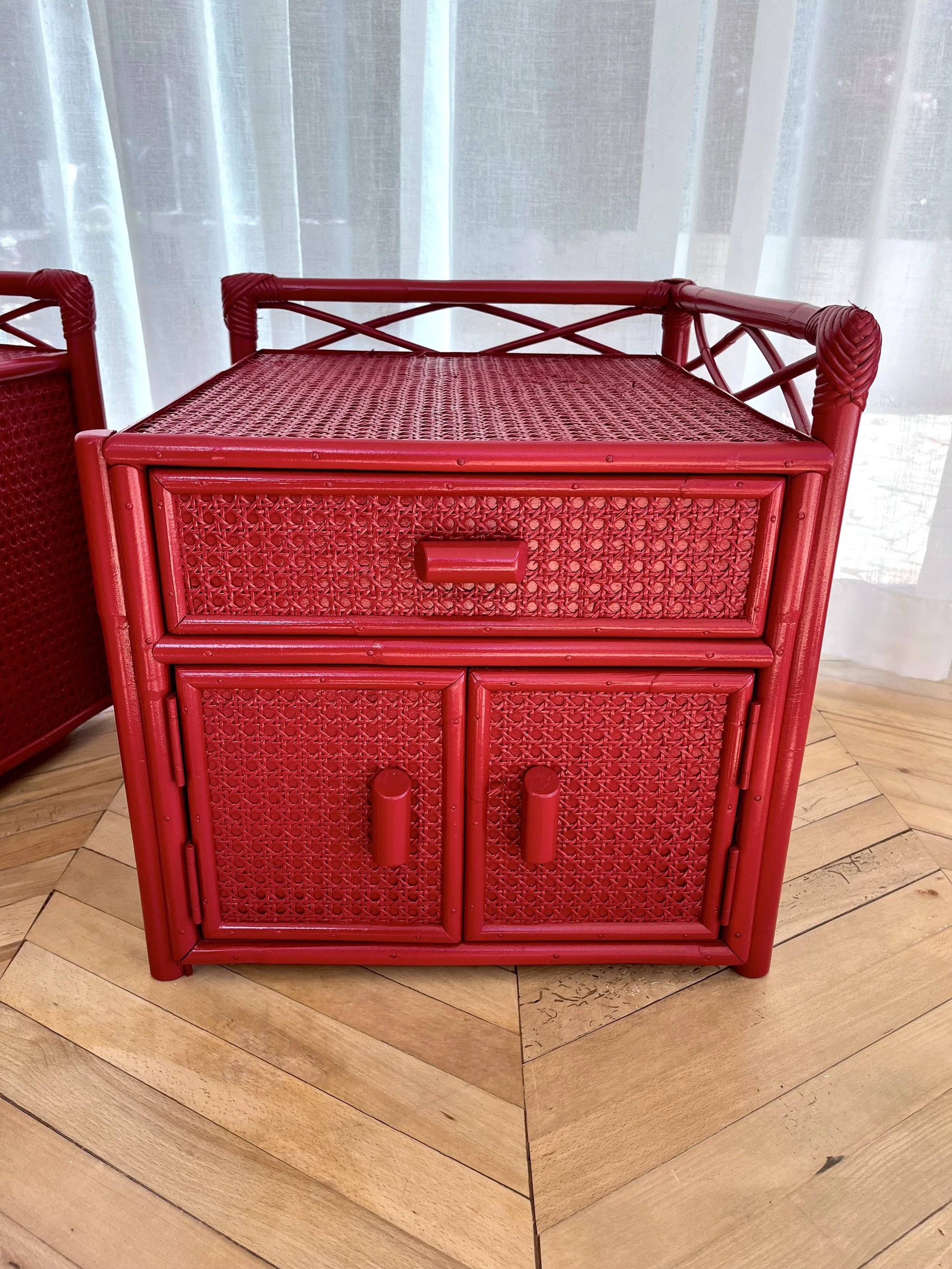 Pair of red lacquered bamboo and cane bedside cupboards 13.jpeg