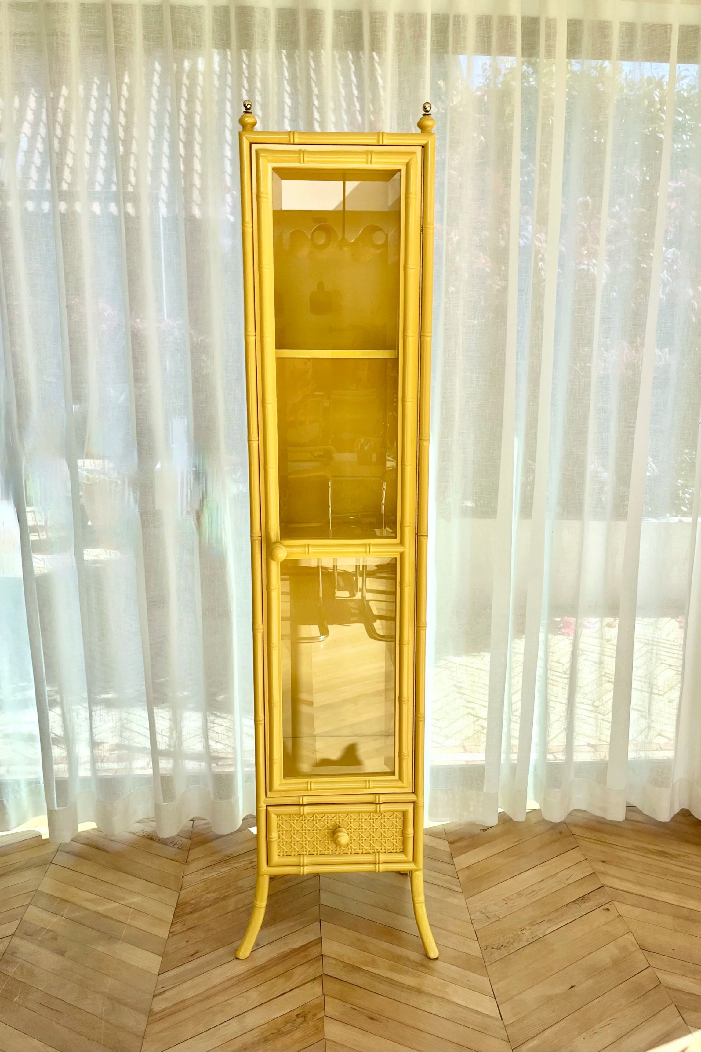 Yellow+lacquered+tall+faux+bamboo+glass+cabinet+1.jpg