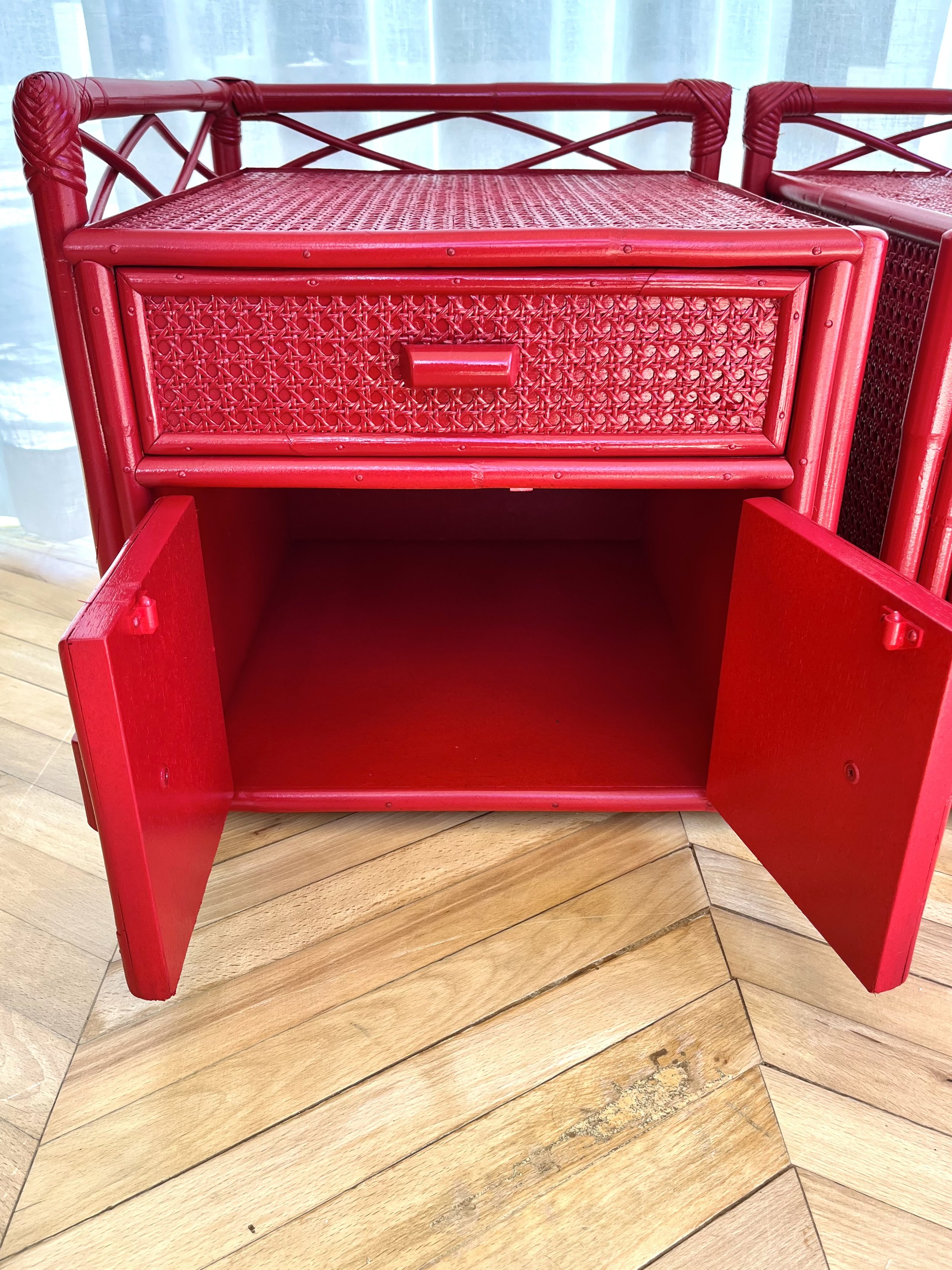 Pair of red lacquered bamboo and cane bedside cupboards 7.jpeg