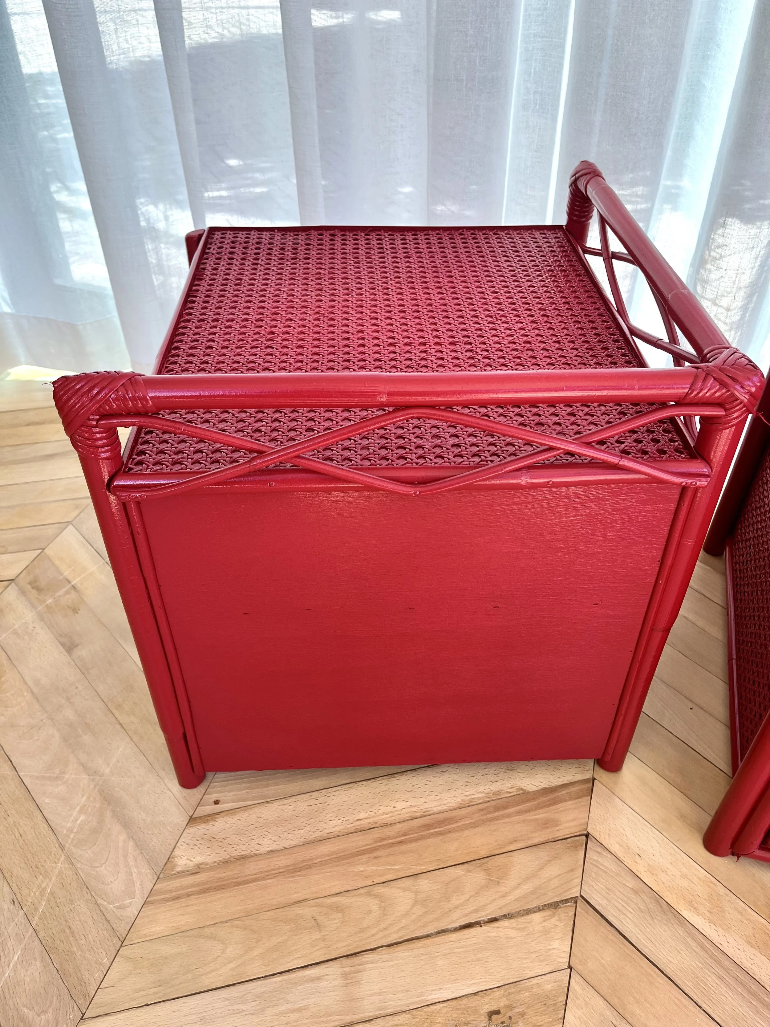 Pair of red lacquered bamboo and cane bedside cupboards 10.jpeg