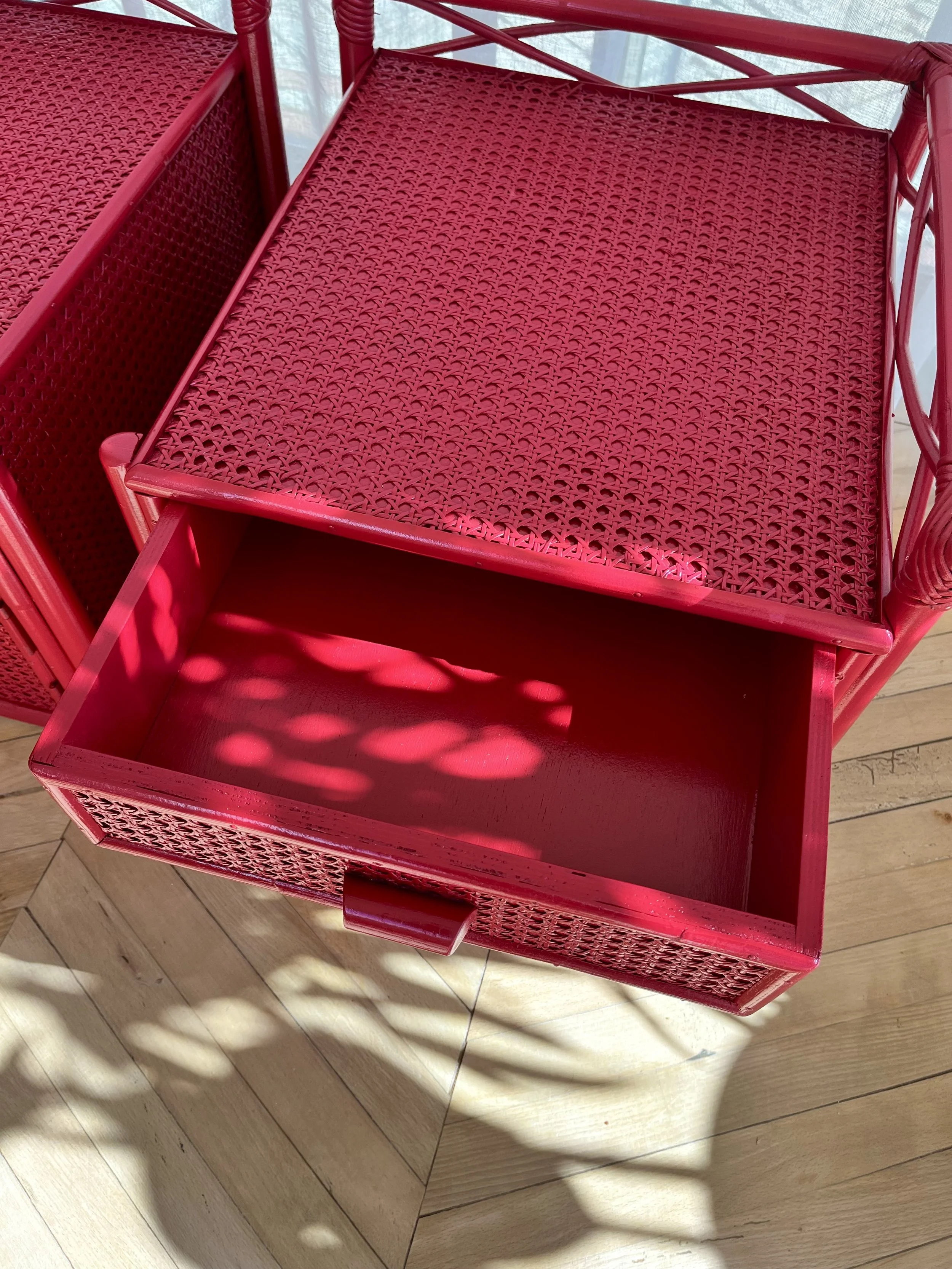Pair of red lacquered bamboo and cane bedside cupboards 19.jpeg