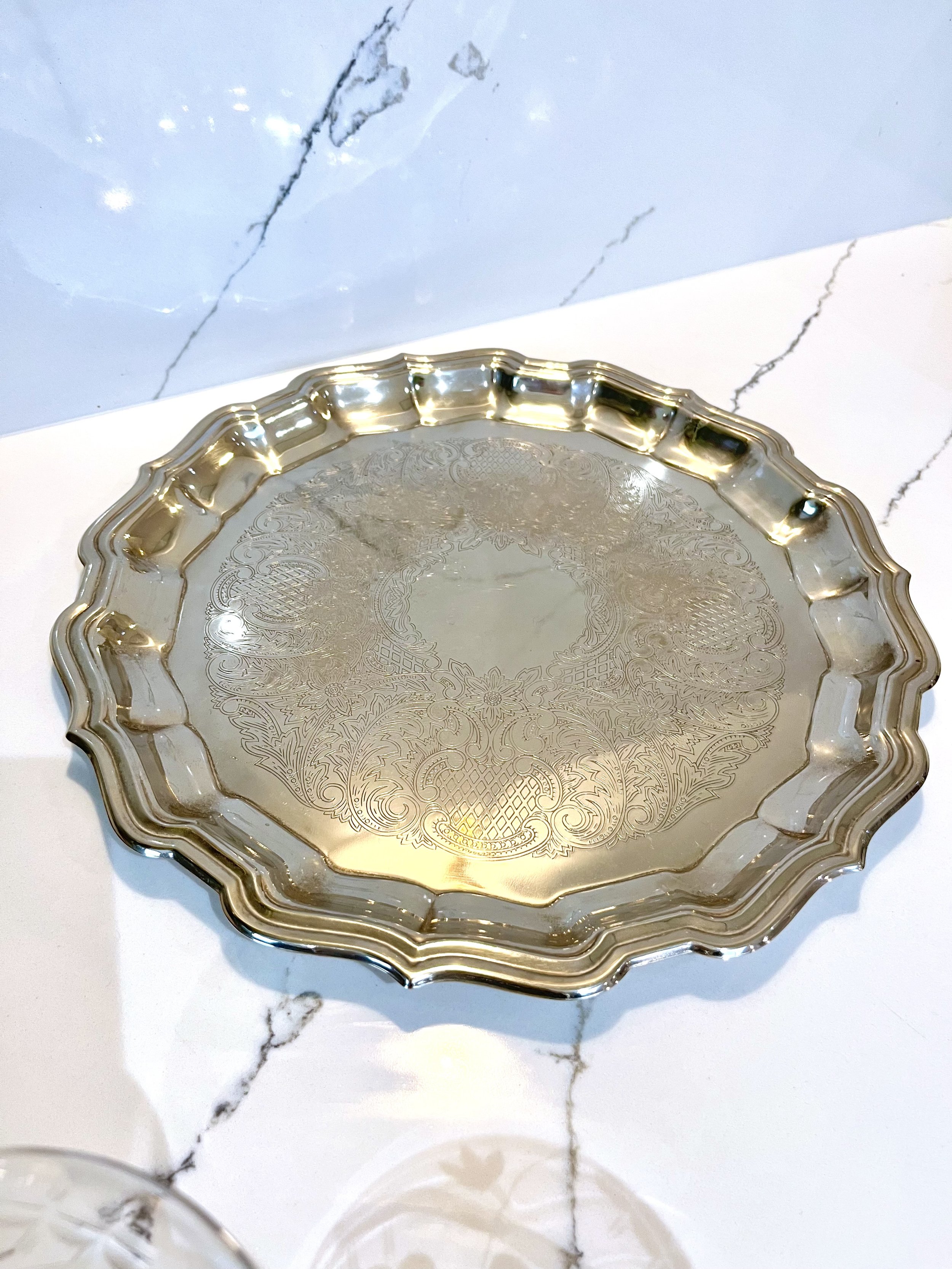 Vintage Piecrust Edge Etched Silver Plated Tray