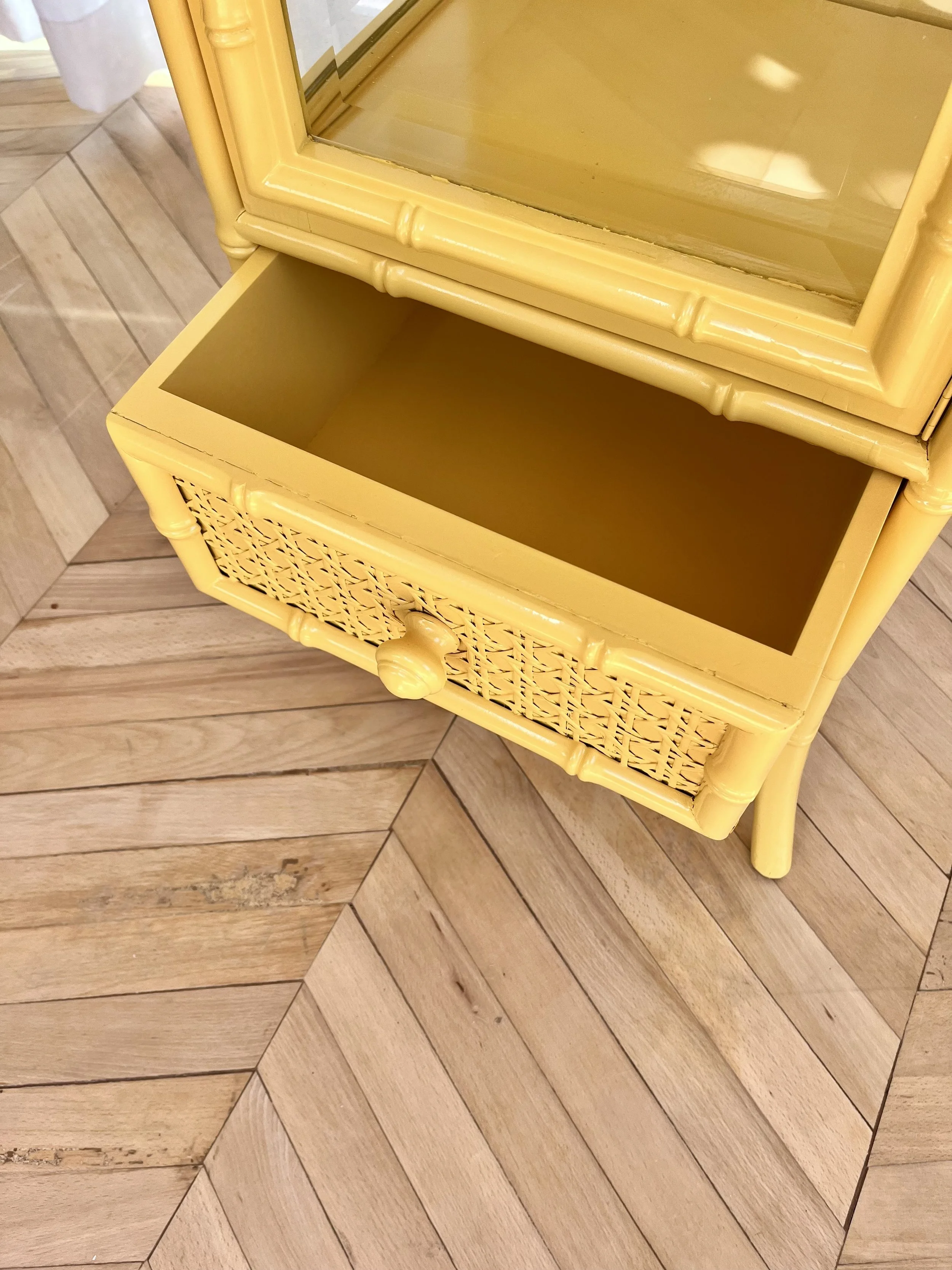 Yellow lacquered tall faux bamboo glass cabinet 5.jpeg
