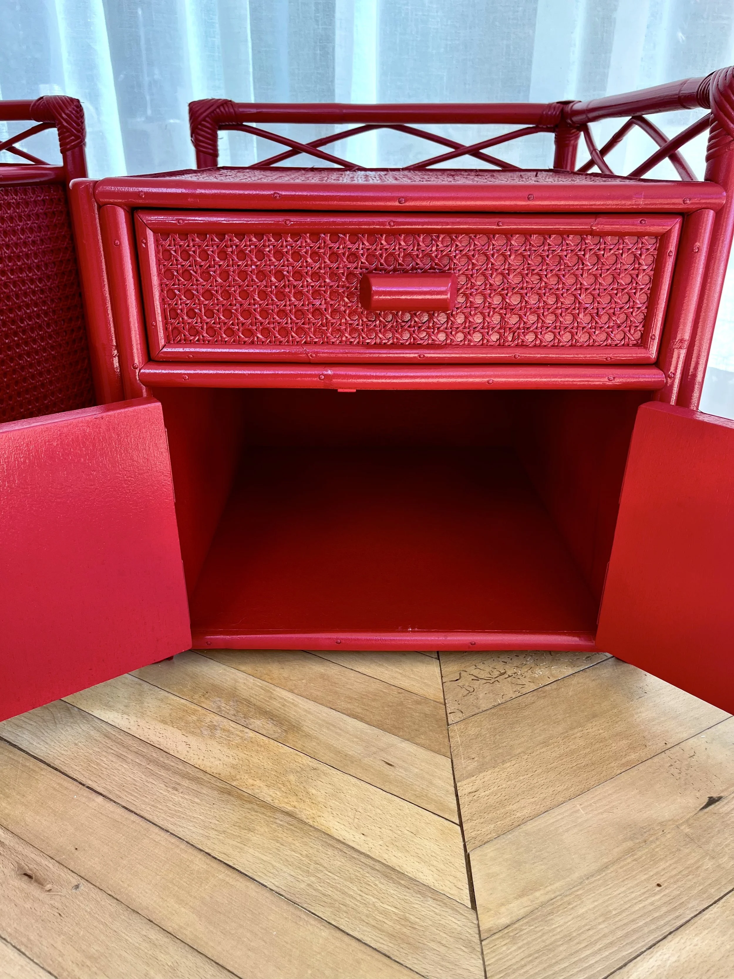 Pair of red lacquered bamboo and cane bedside cupboards 14.jpeg