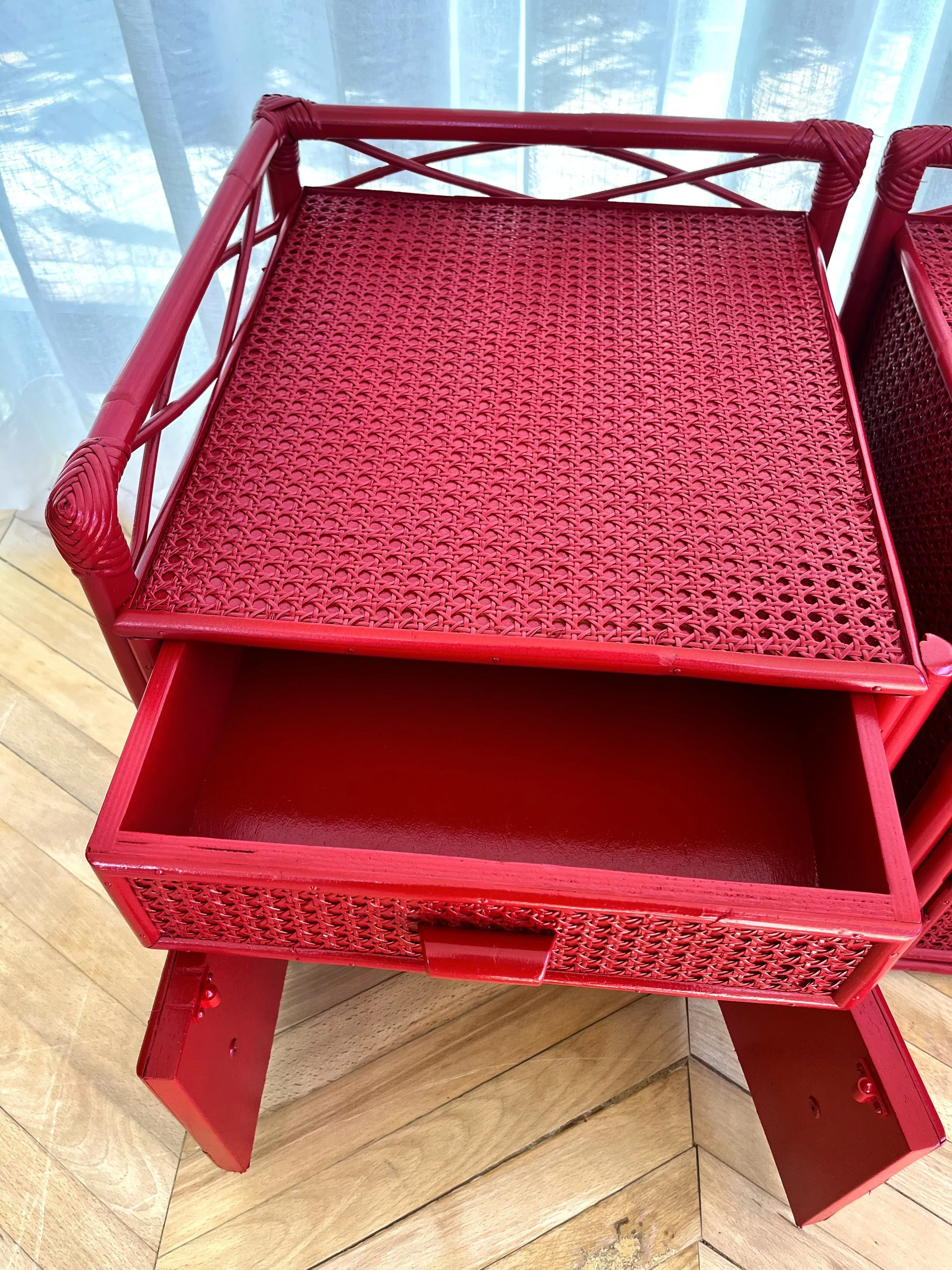 Pair of red lacquered bamboo and cane bedside cupboards 8.jpeg