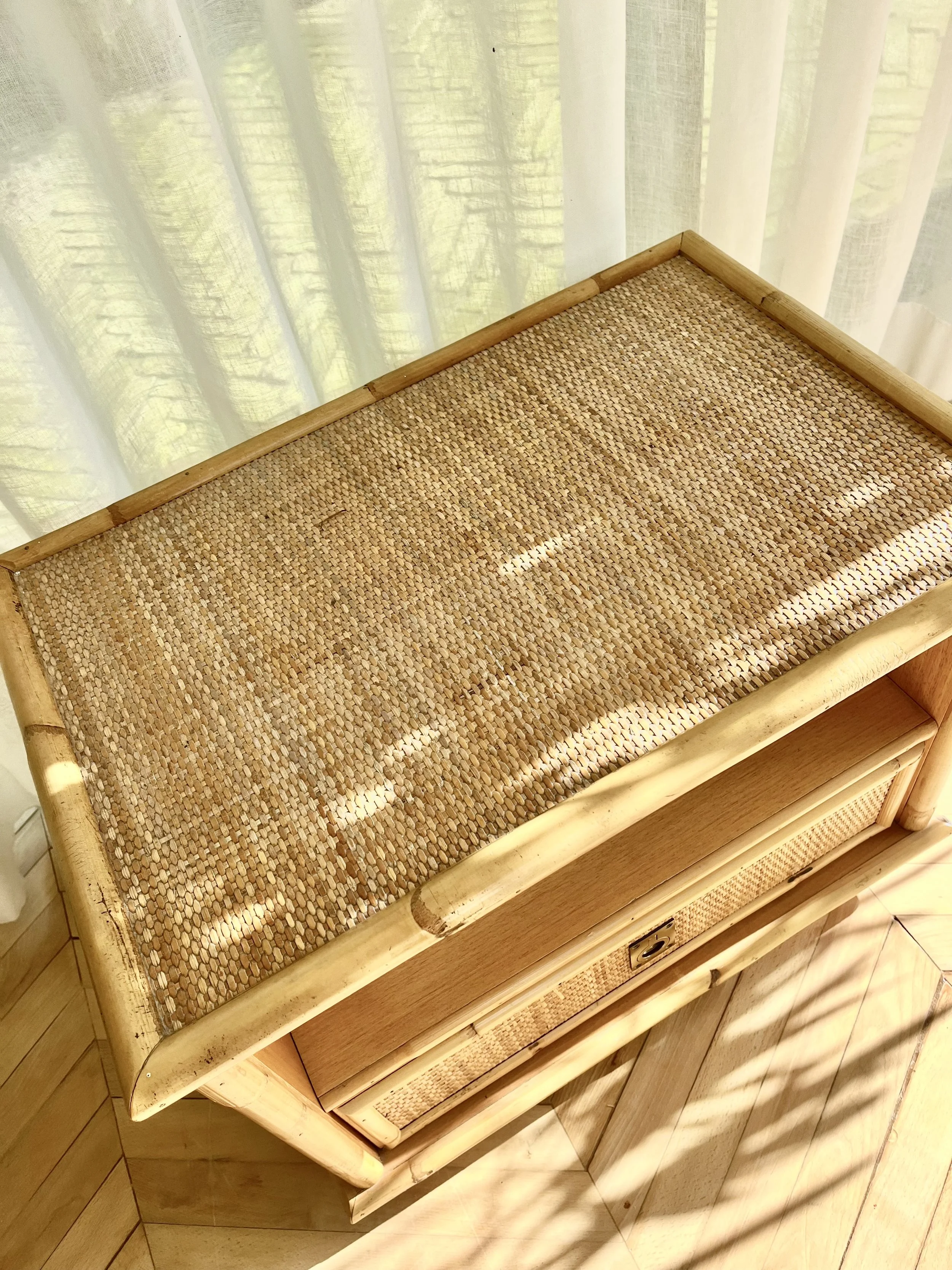 vintage dal vera bamboo side table with drawer top.jpeg