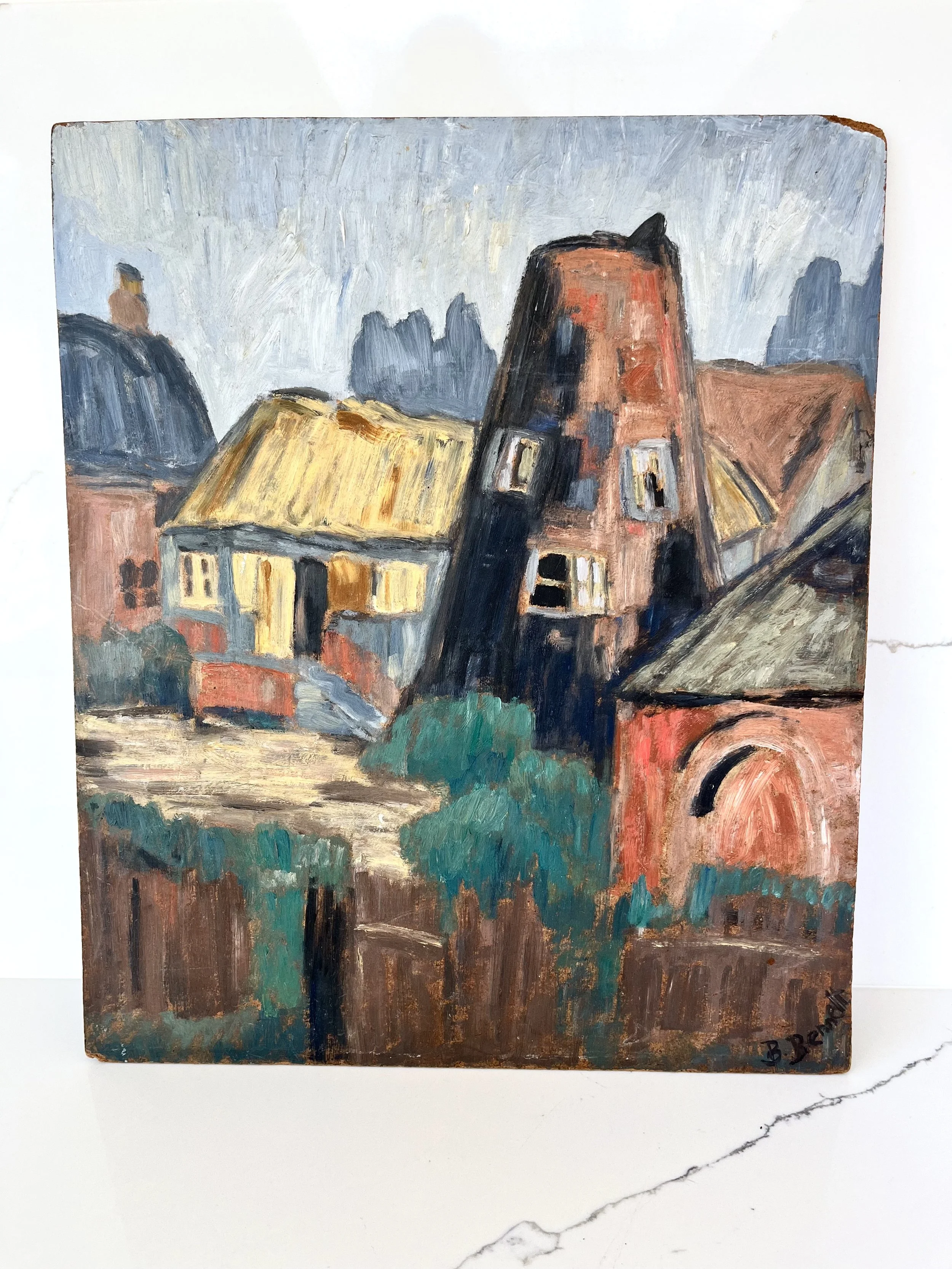 Brian Bennett Acrylic On Board Naive Painting Of Buildings