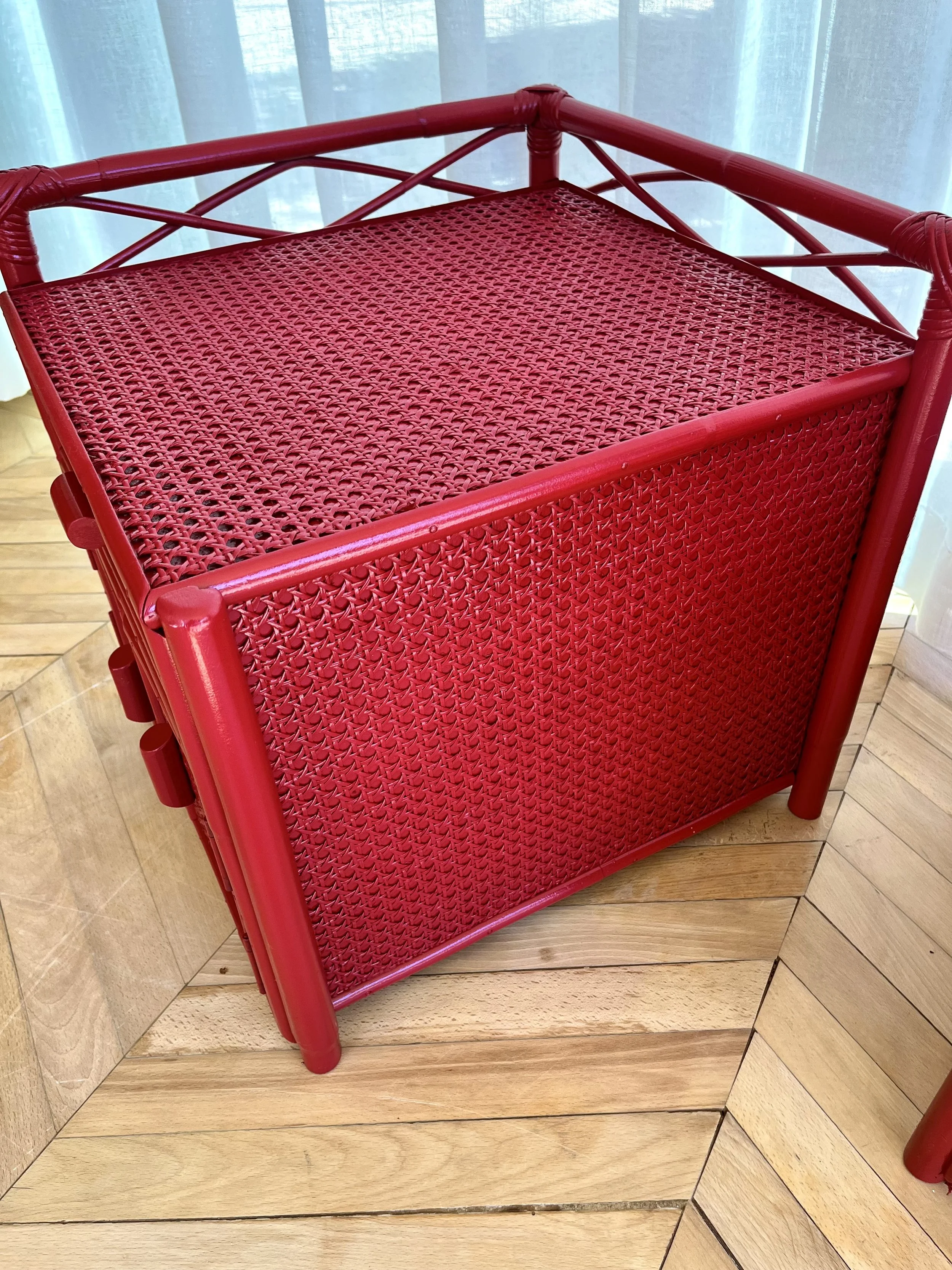 Pair of red lacquered bamboo and cane bedside cupboards 9.jpeg