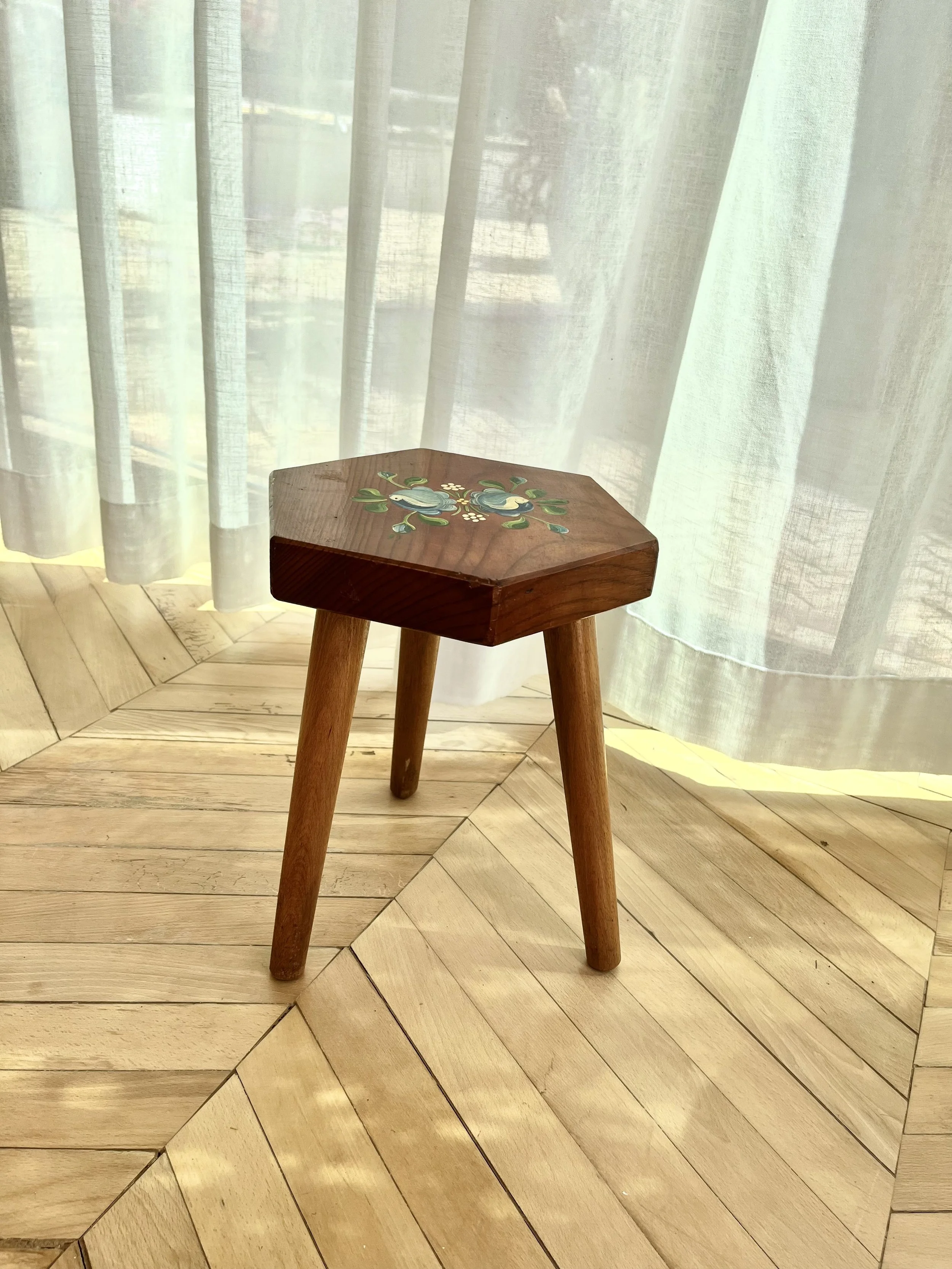 Vintage Hand Painted Floral Hexagonal Low Wooden Stool
