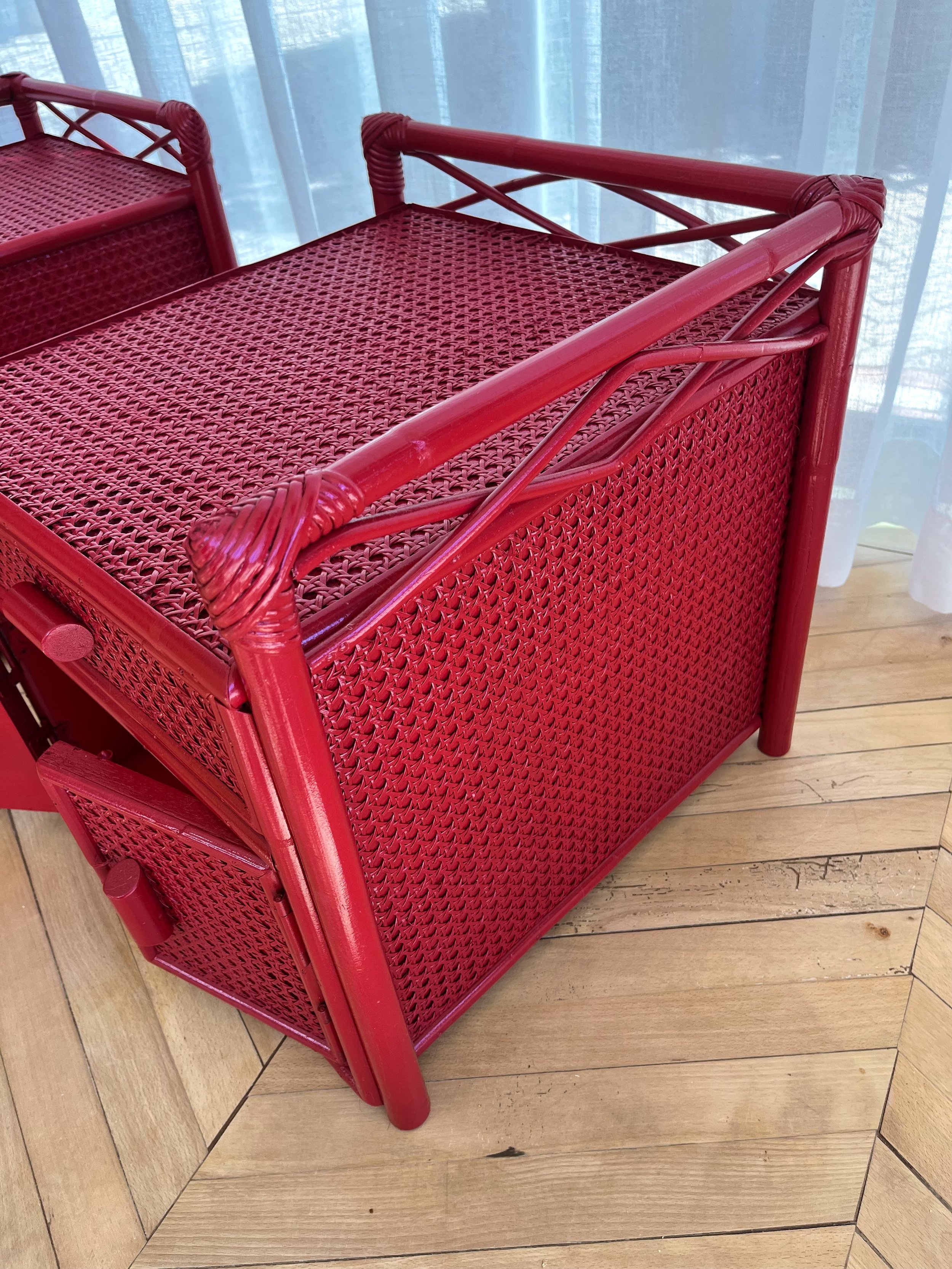 Pair of red lacquered bamboo and cane bedside cupboards 15.jpeg