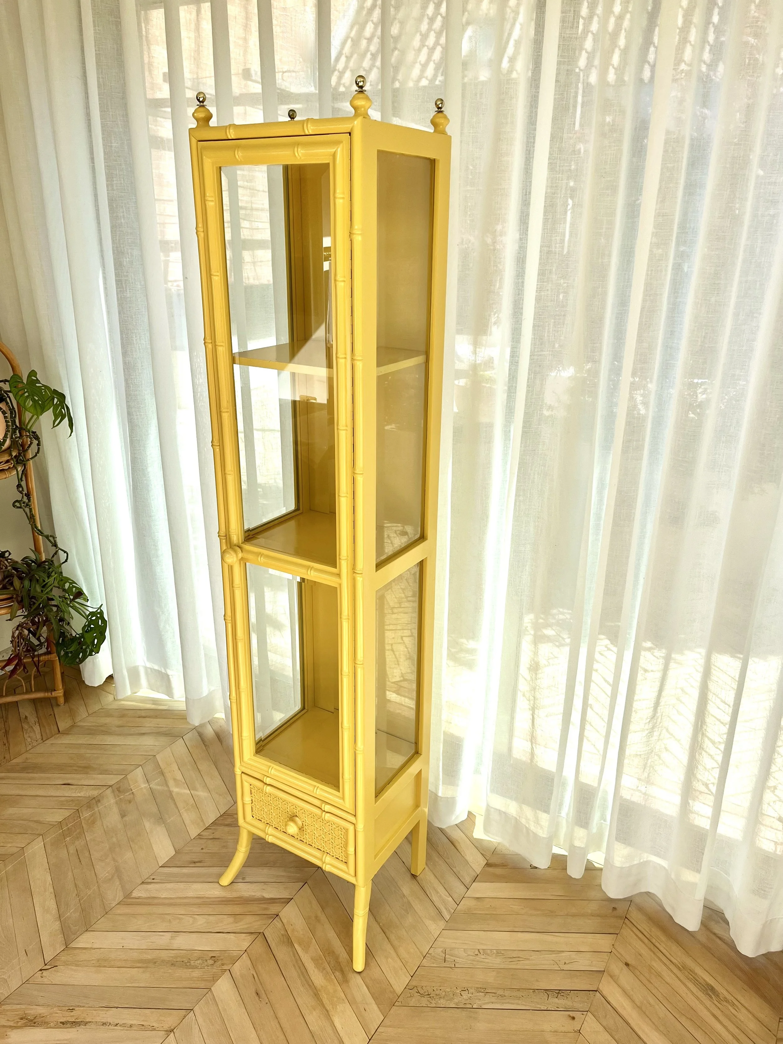 Yellow lacquered tall faux bamboo glass cabinet 3.jpeg