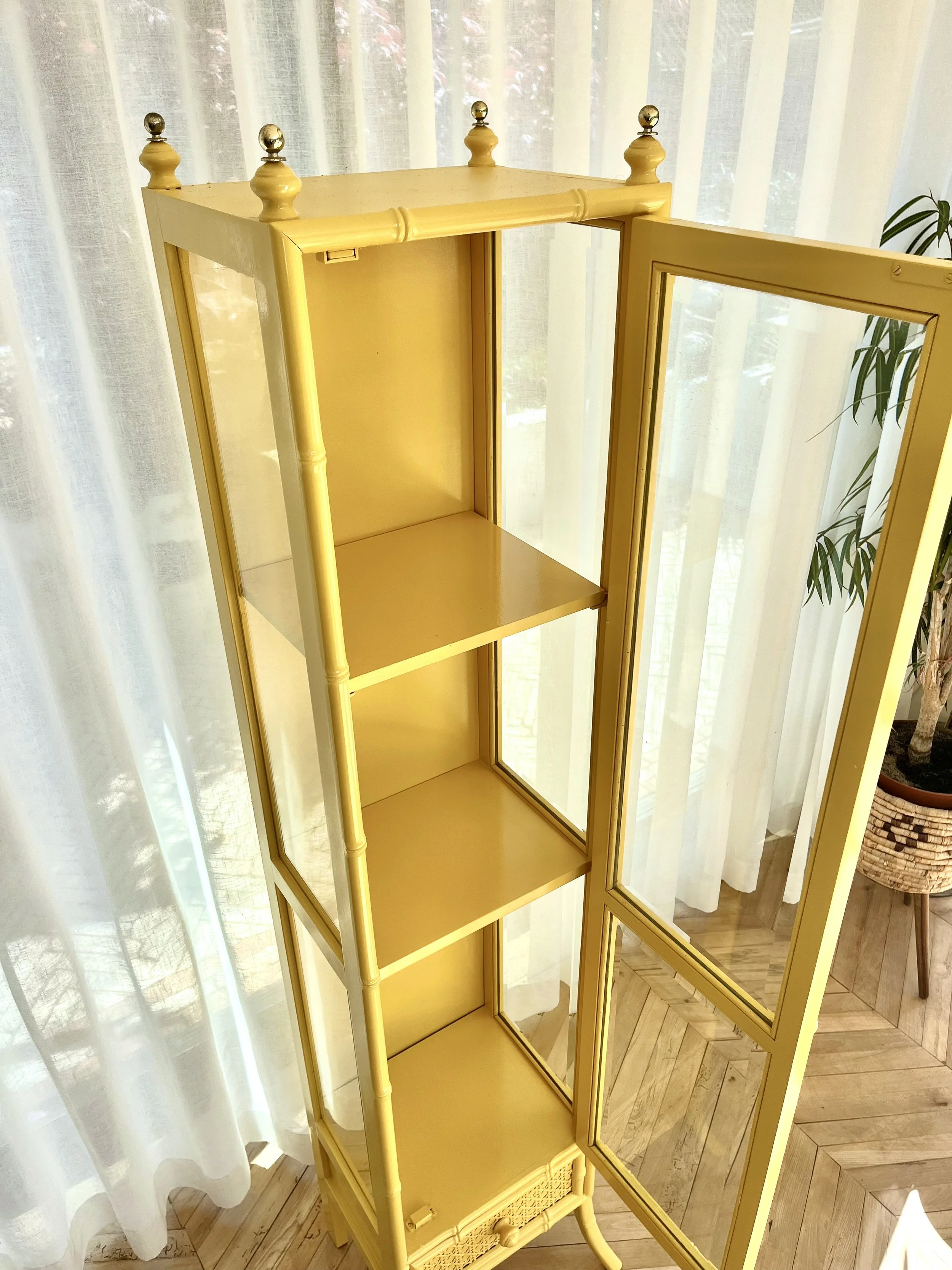 Yellow lacquered tall faux bamboo glass cabinet 8.jpeg