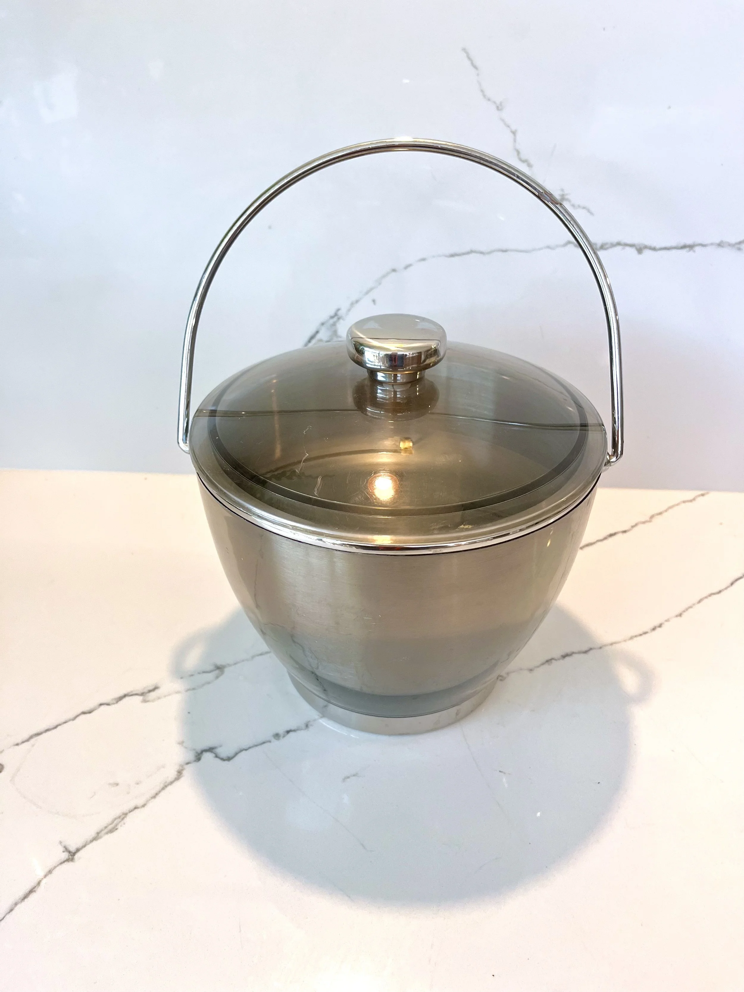 Mid Century Silver Colour Ice Bucket With Lid & Tongs